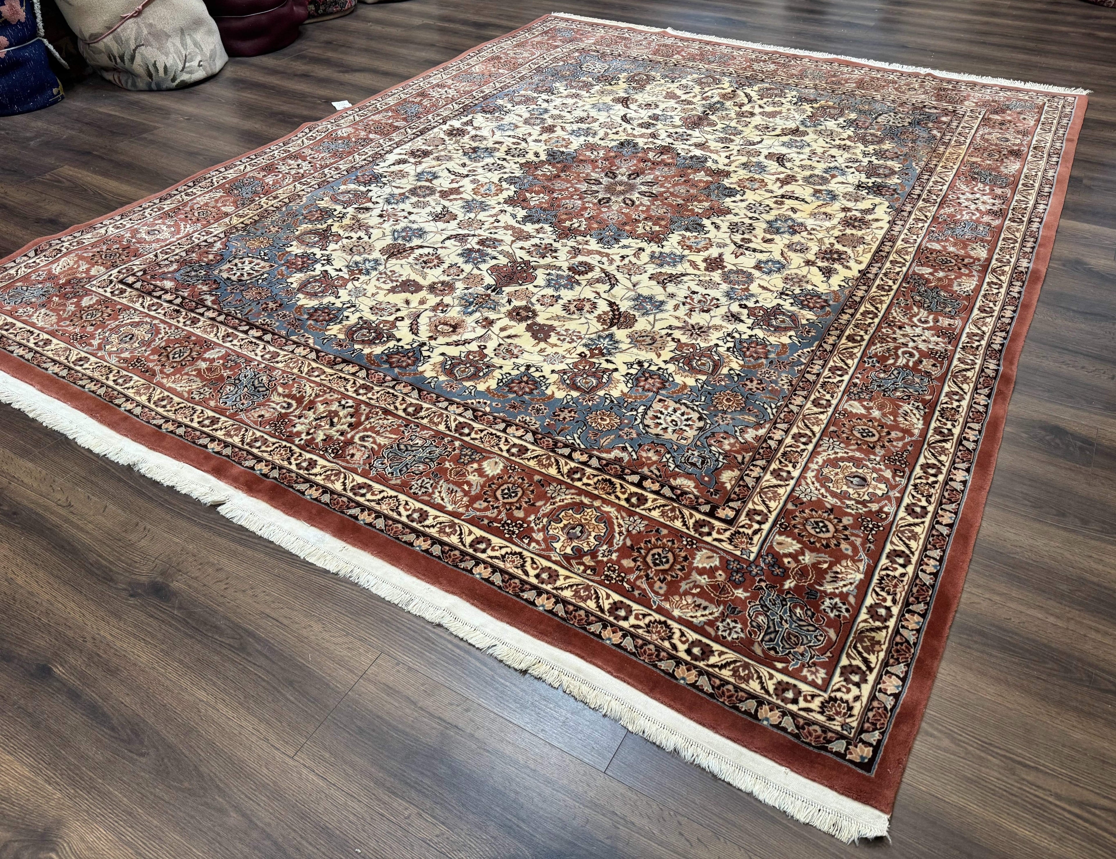 Persian Rug 8x10, Sino Persian Floral Medallion Carpet, Traditional Wool Area Rug, Cream and Brick Red, Fine 210 KPSI