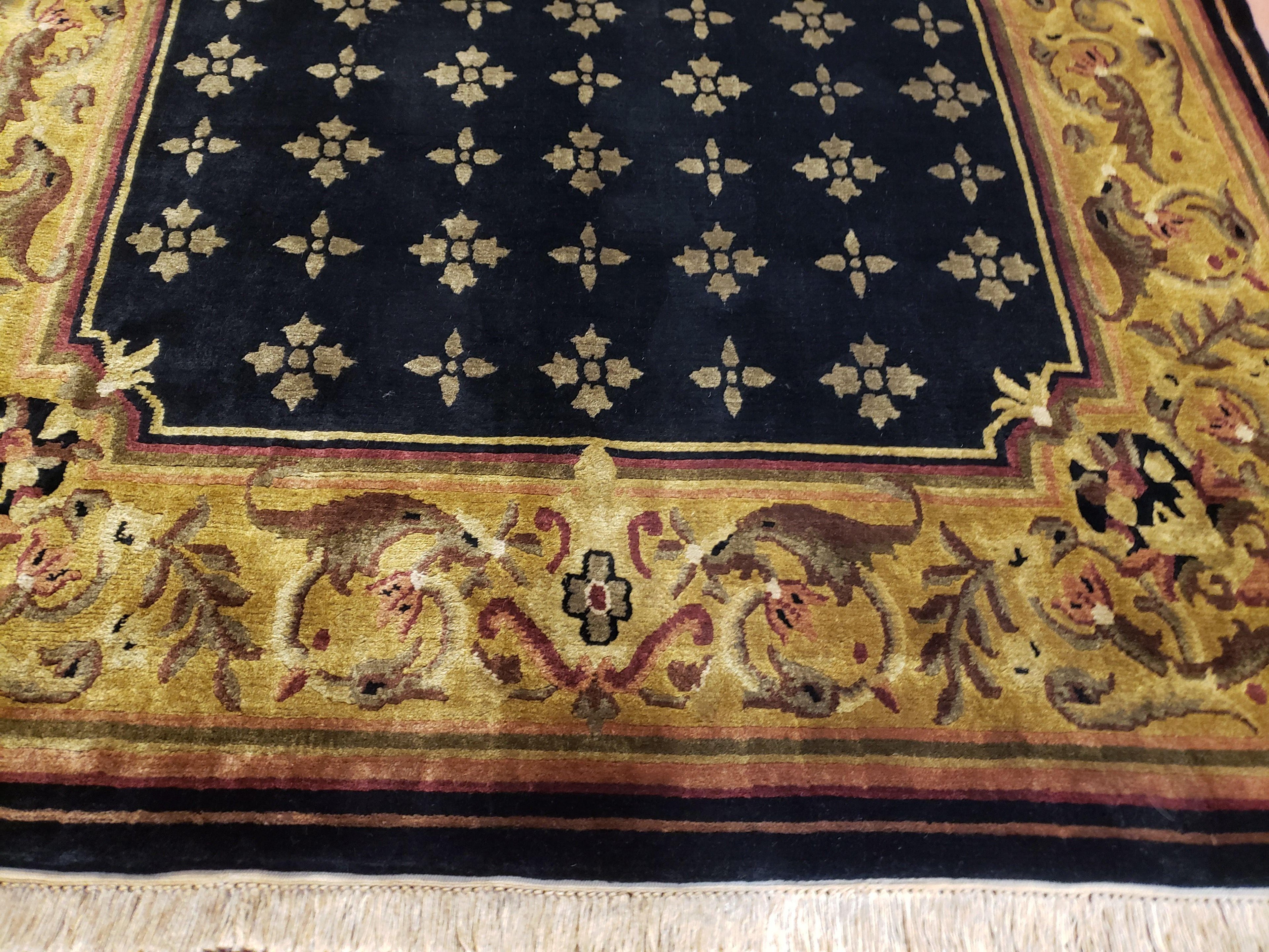 6x9 Aubusson Design Nepali Tibetan Rug Black & Tan Hand-Knotted Wool Carpet Soft Plush Pile New Rug Nice