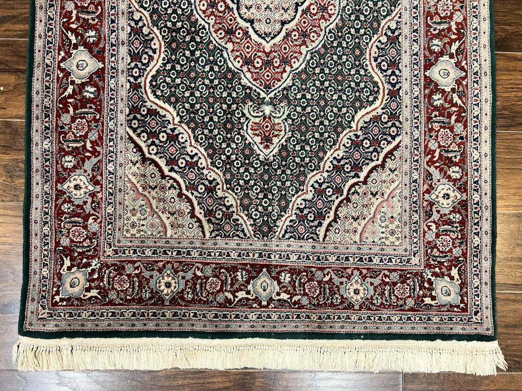 Sino Persian Rug 4x6, Wool with Silk Highlights, Fine Hand Knotted Carpet, Green & Maroon Red, Herati Medallion, Vintage Rug