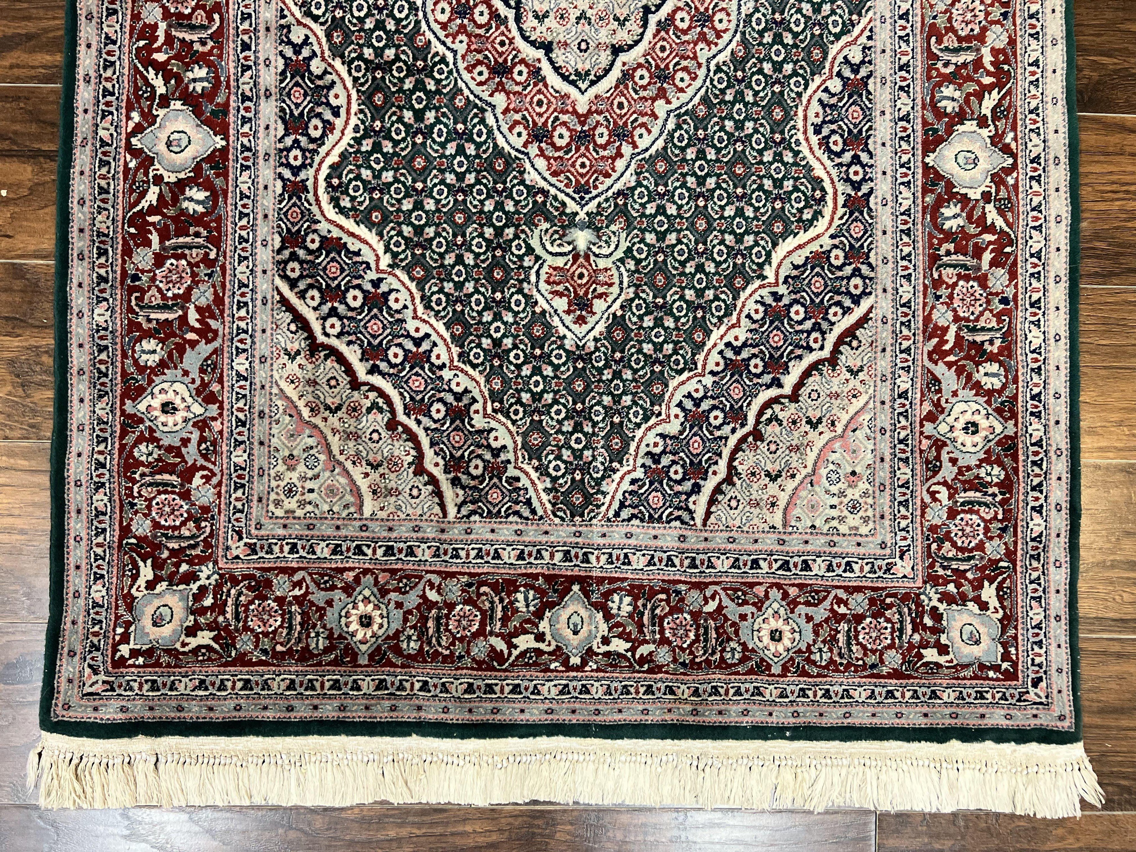 Sino Persian Rug 4x6, Wool with Silk Highlights, Fine Hand Knotted Carpet, Green & Maroon Red, Herati Medallion, Vintage Rug