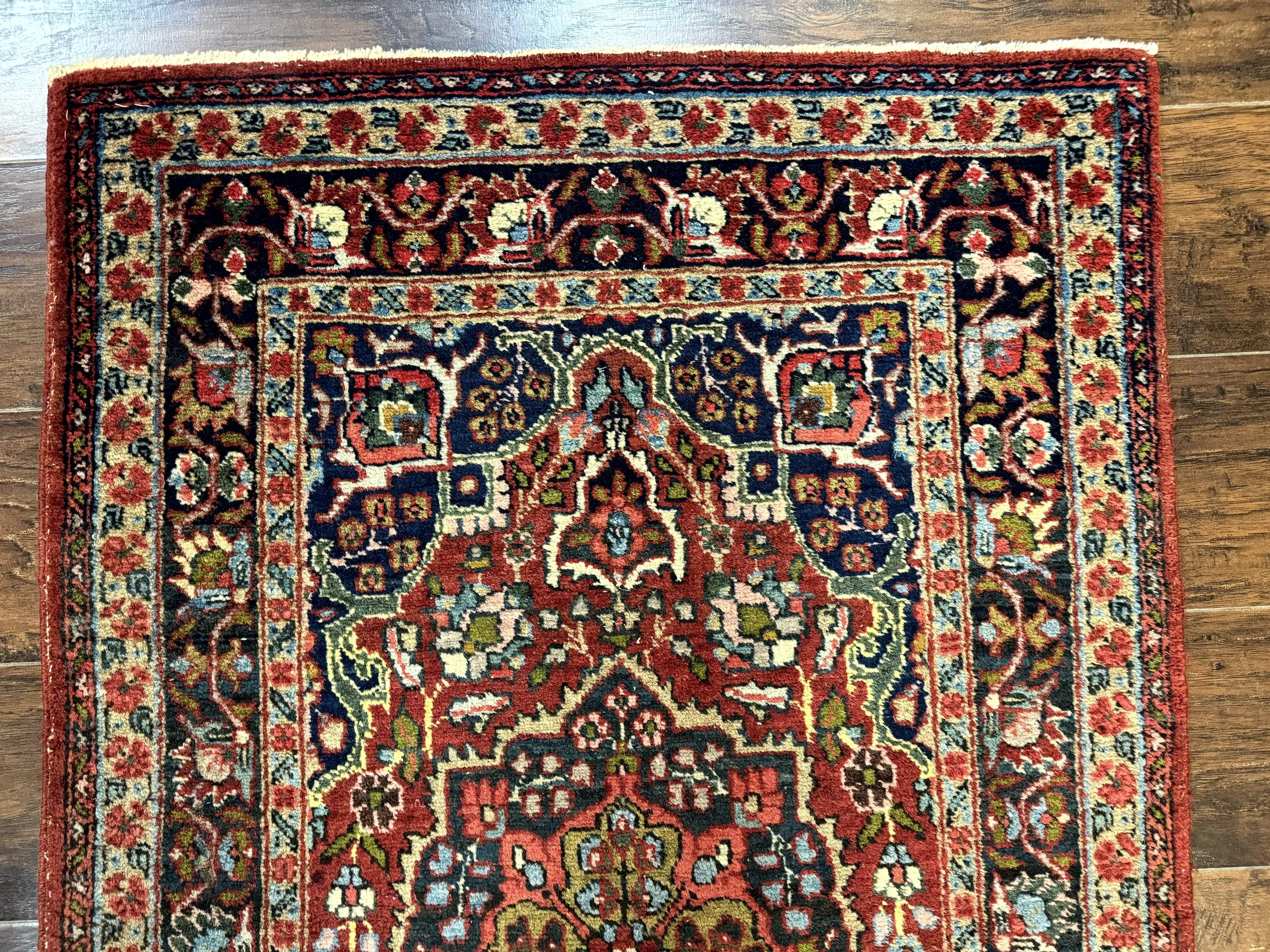 Antique Persian Tabriz Rug 3x5, Brick Red Navy Blue, Floral Medallion, Small Persian Carpet