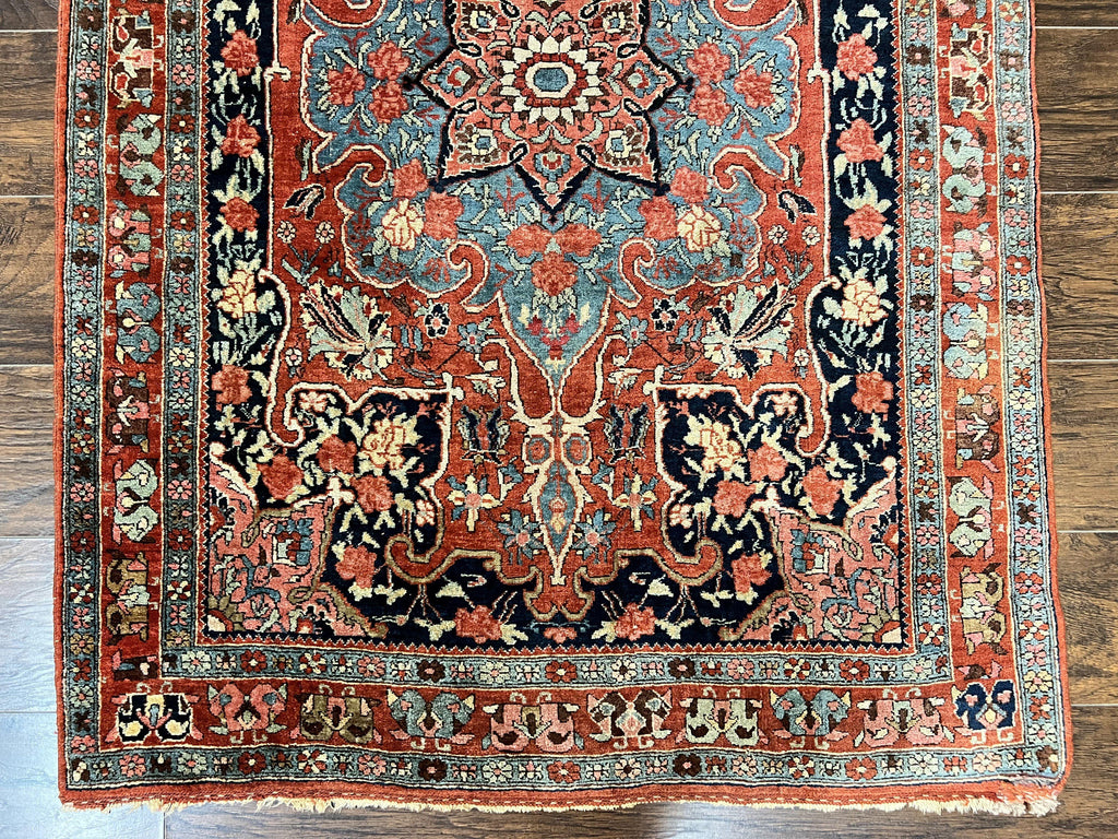 Antique Persian Bidjar Rug 4x5, Red and Blue, Hand Knotted Wool Carpet