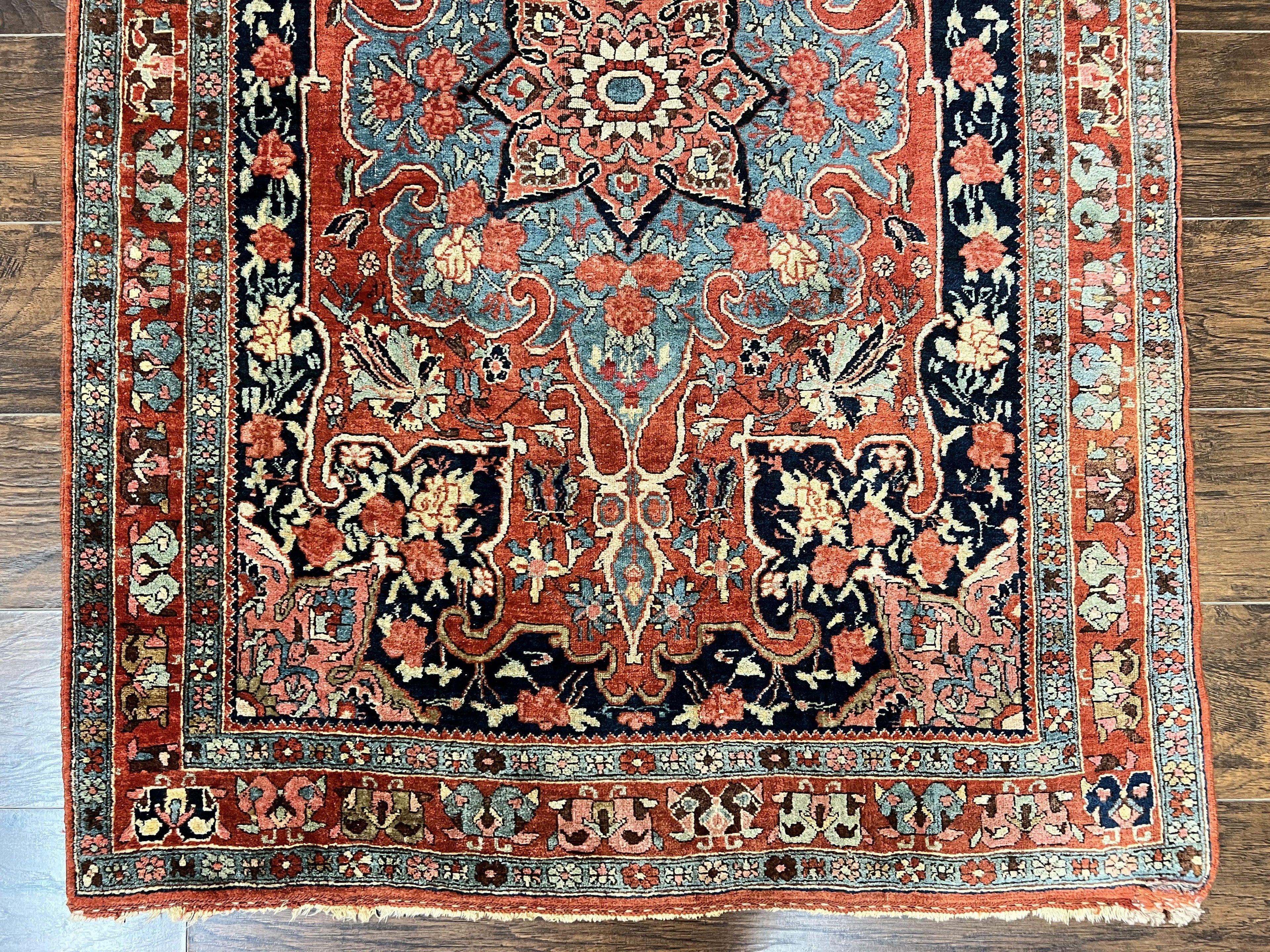 Antique Persian Bidjar Rug 4x5, Red and Blue, Hand Knotted Wool Carpet
