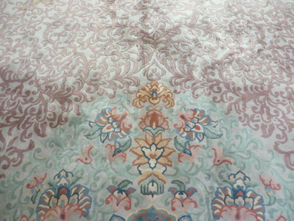 9' X 12' Vintage Handmade Chinese Carving Sculpture Wool Rug Flower Design Pink Carpet