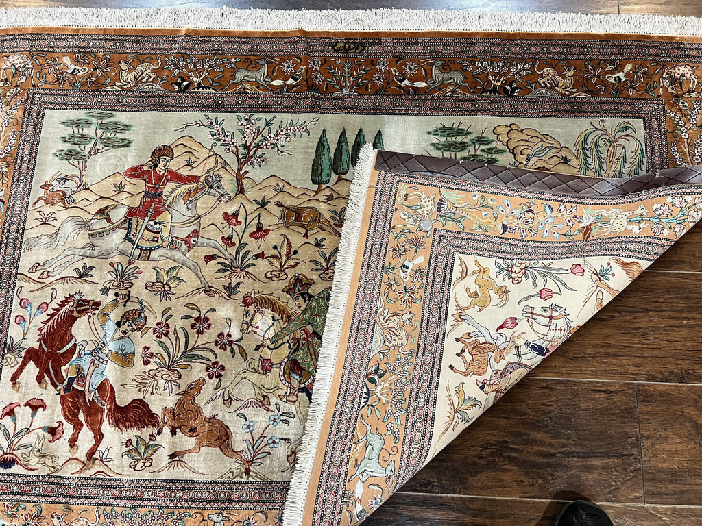 Silk Persian Qum Rug 3x5, Hunting Pattern, Handmade Vintage Carpet, Signed by Master Weaver, Horsemen Pictorials, Super Fine 650 KPSI