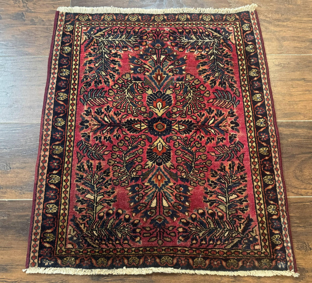 Small Antique Persian Sarouk Rug 2x2 ft, Red 1920s Wool Rug