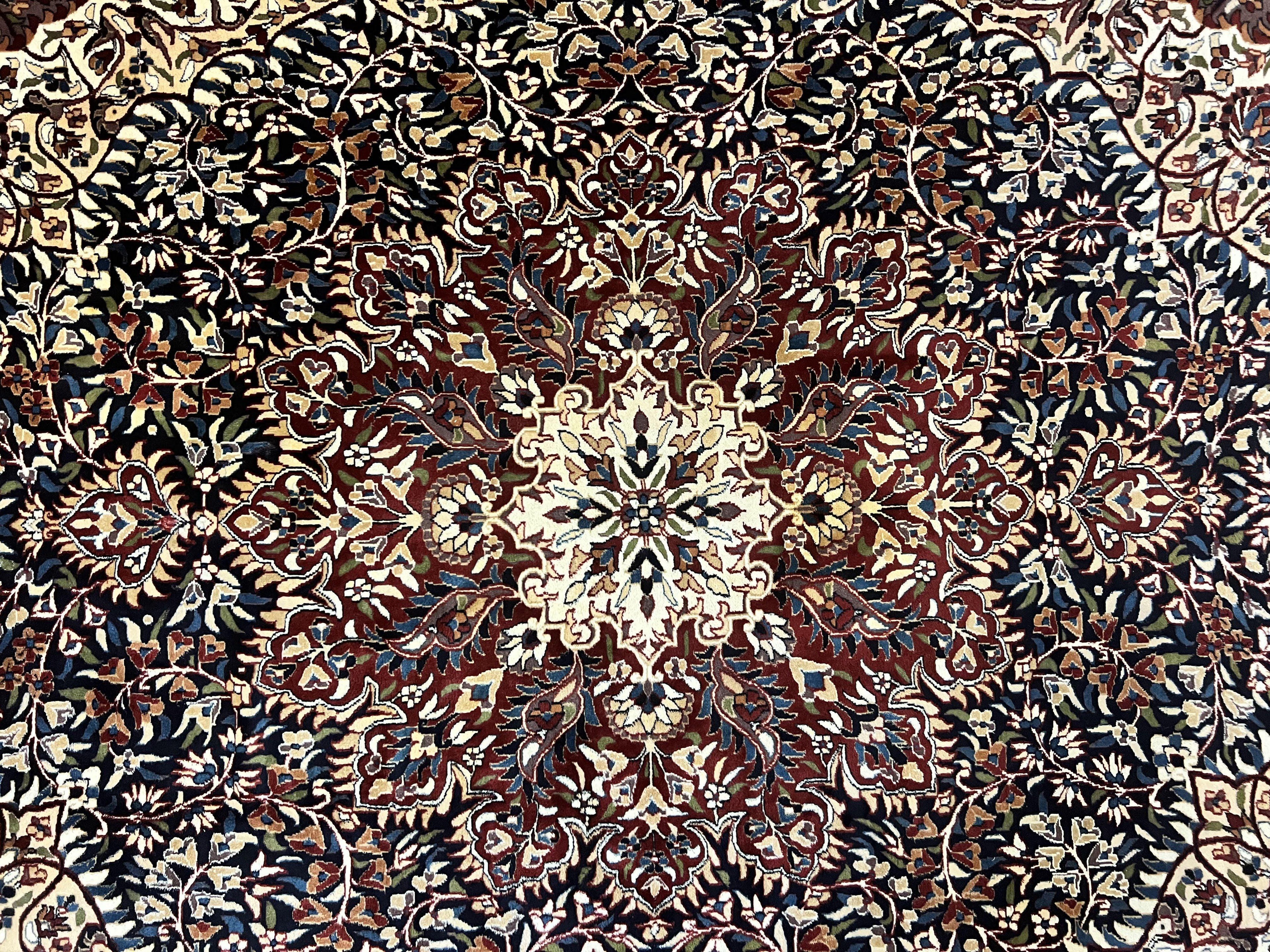 Indo Persian Rug 9x13, Floral Medallion, Midnight Blue & Burgundy, Hand Knotted Vintage Room Sized Traditional Wool Oriental Carpet