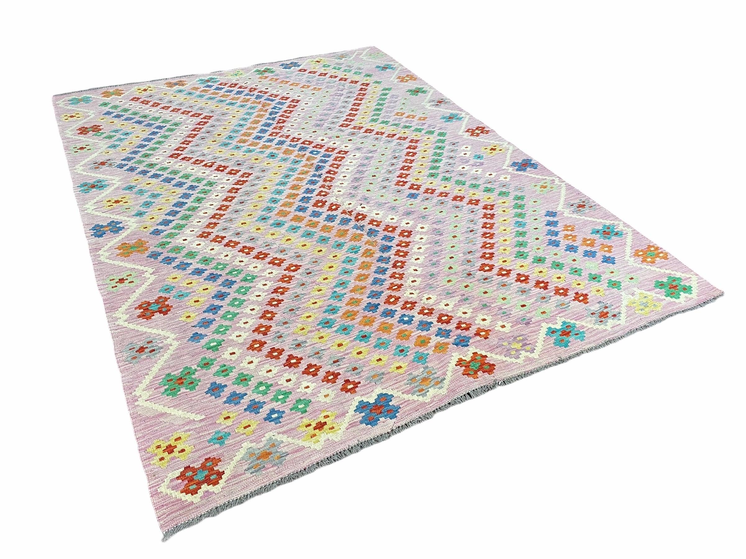 Pink Kilim Rug 6x8 Colorful Turkish Kilim Rug 6 x 8 Flat Weave Kilim Playful Kilim Multicolor Anatolian Chobi New Kilim