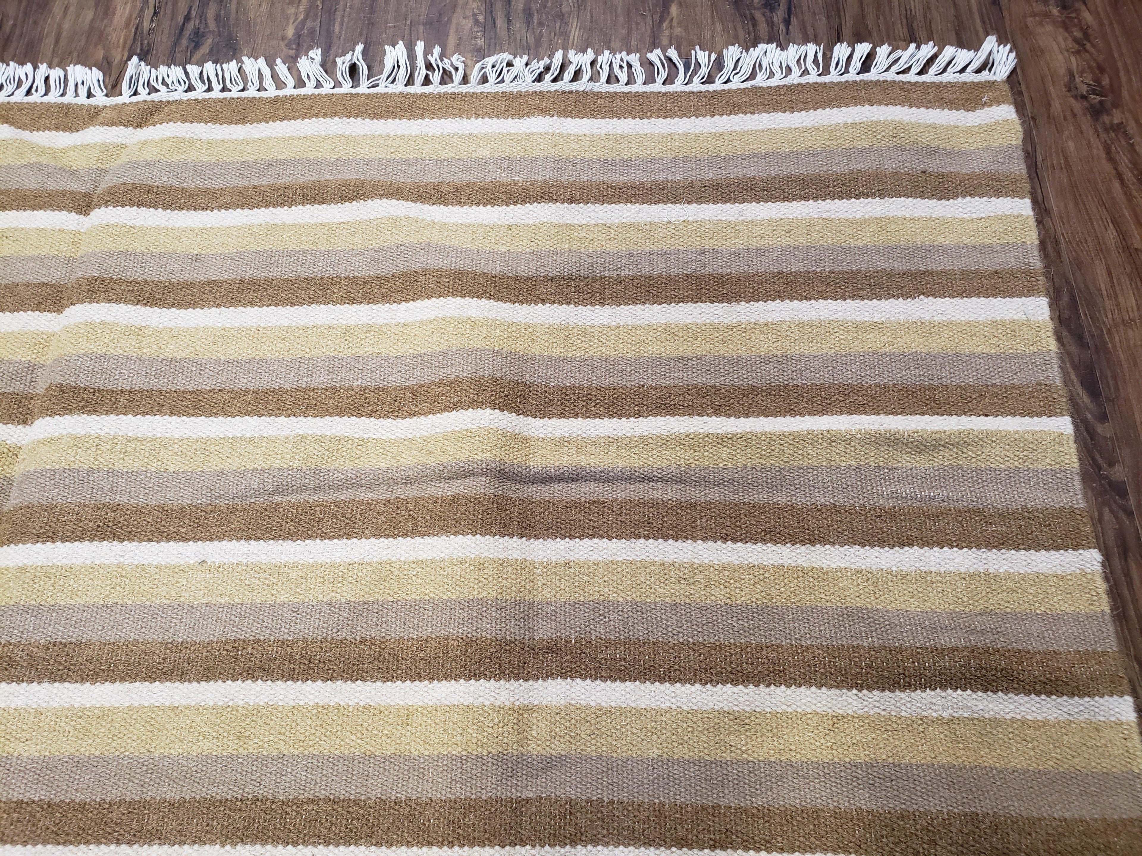 Indian Striped Blanket 6x9, Large Indo Kilim Area Rug, Earthern Tones Woolen Hand-Woven Flatweave South American Style Queen Size Bedspread