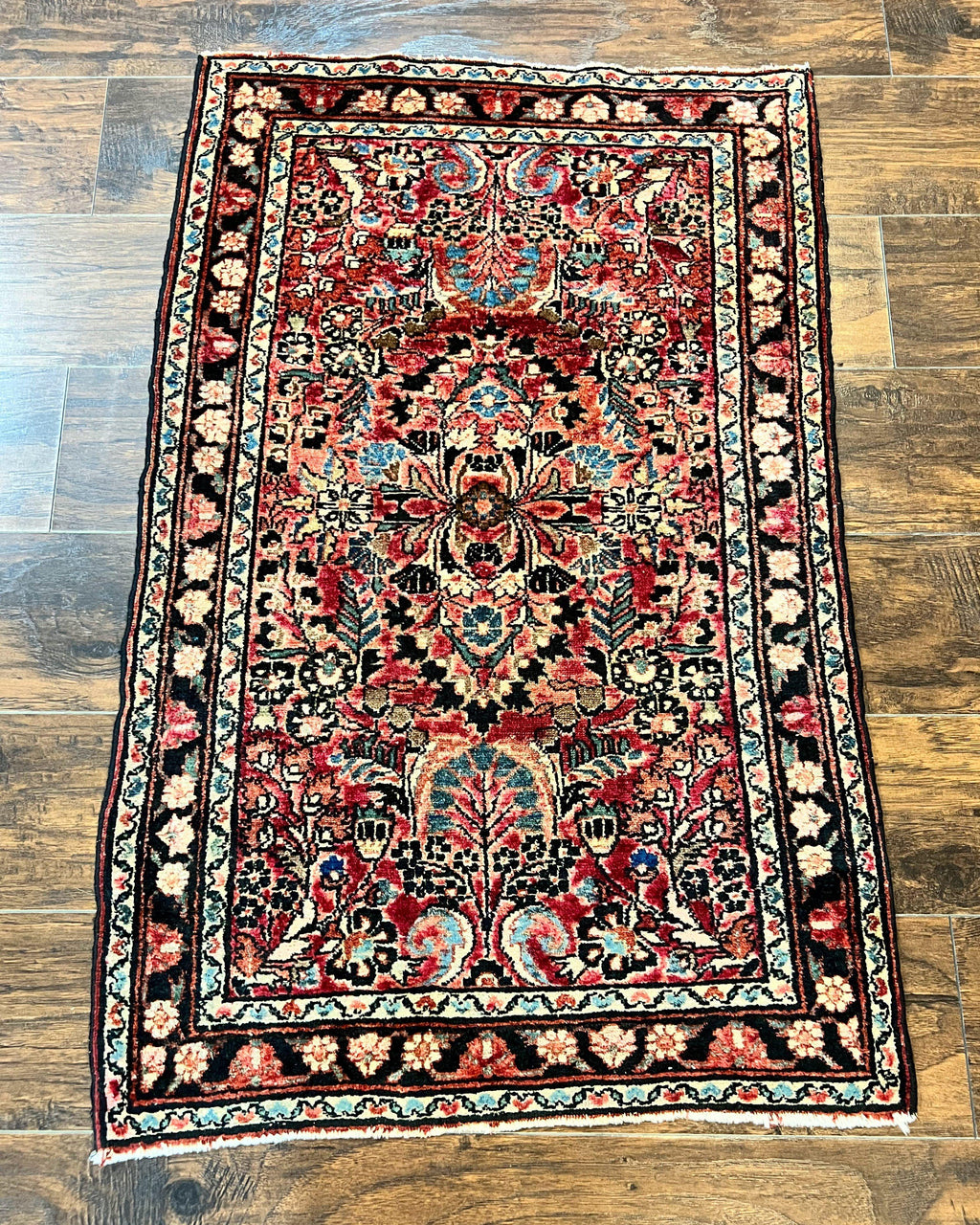 Small Antique Persian Rug 2.6 x 4, Red Floral Handmade 1920s Wool Rug, Persian Hamadan Lilian Rug