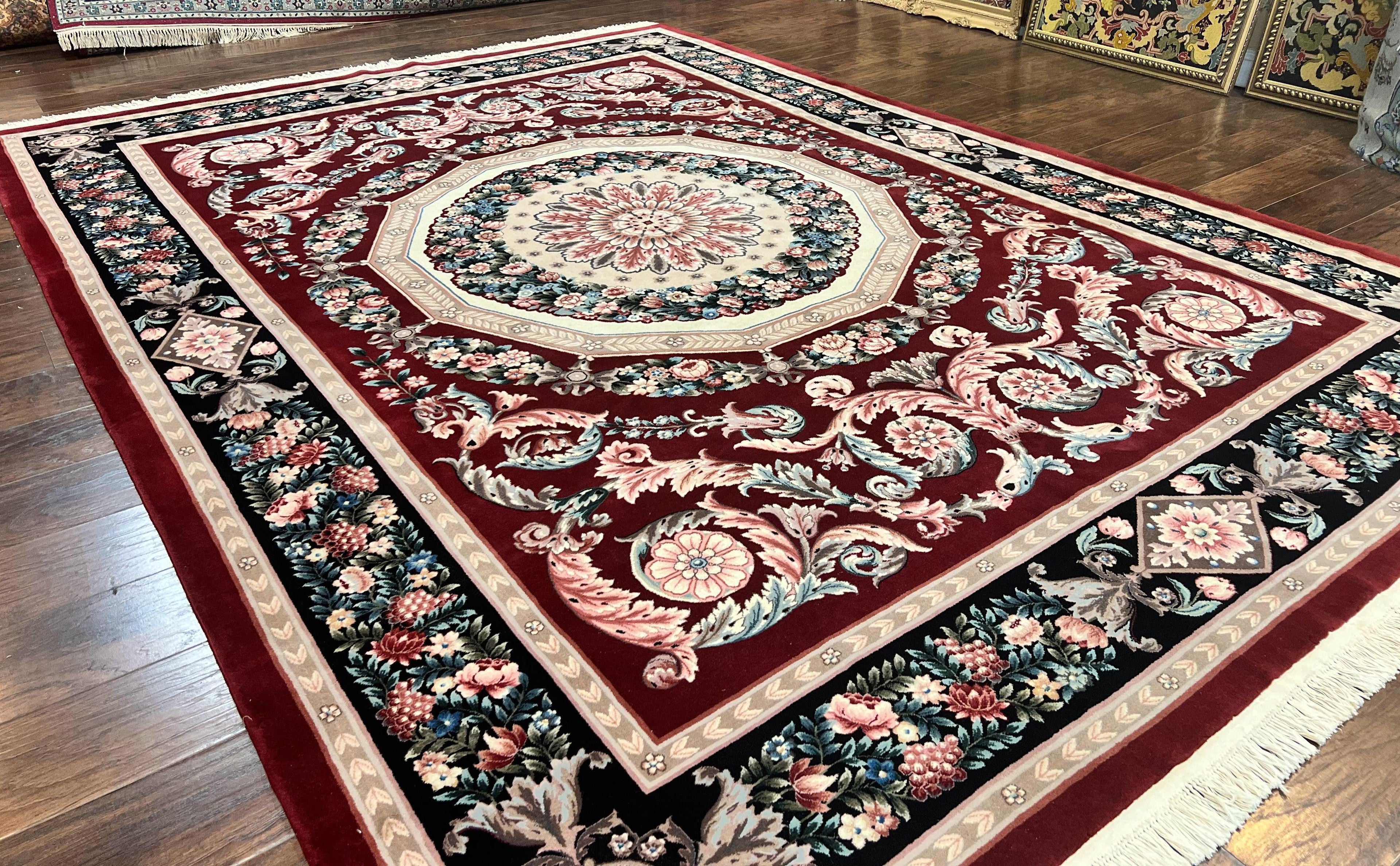 Chinese Aubusson Rug 9x12, Burgundy, Handmade Vintage Wool Carpet, Fine 210 KPSI, Elegant European Design