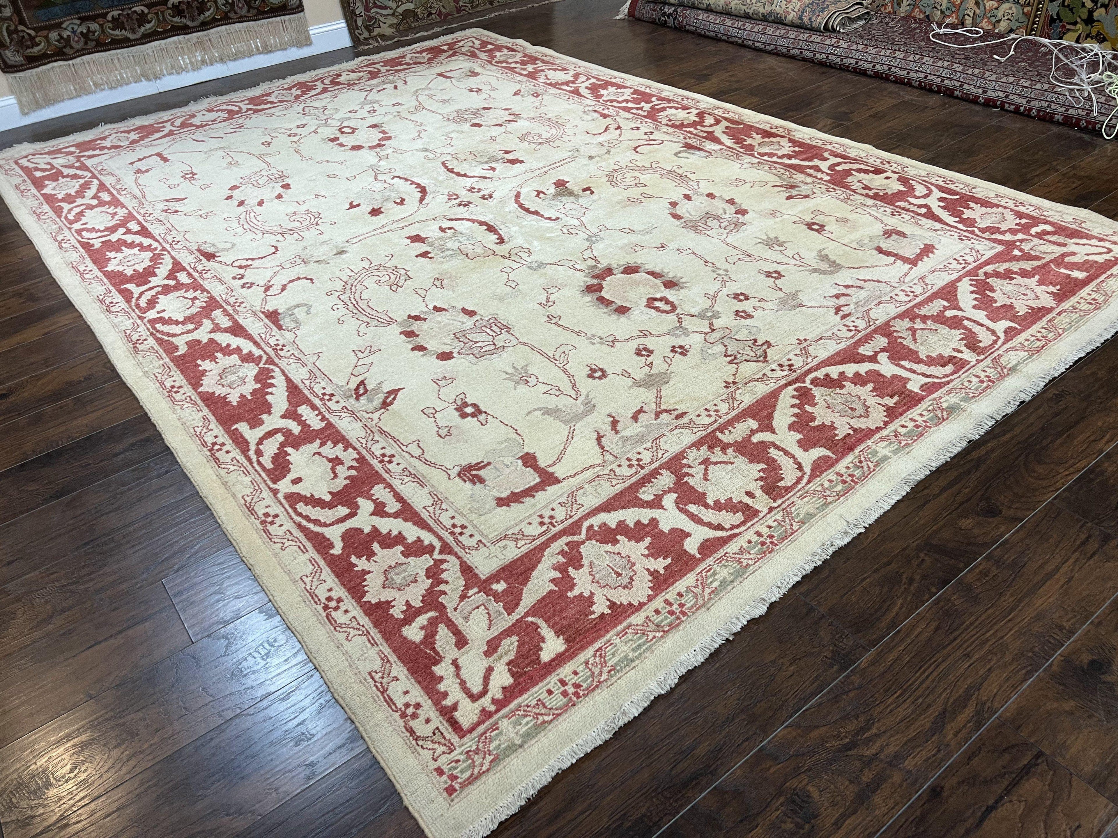 Peshawar Rug 8x12 Pakistani Carpet, Oriental Rug 8 x 12 Chobi Rug, Beige and Red, Allover Large Floral Design, Hand Knotted Vintage Wool