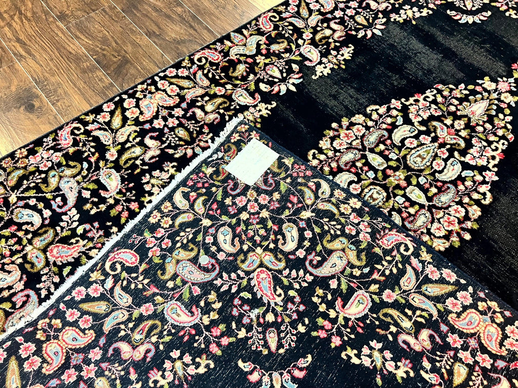 Antique Persian Kirman Rug 5x8, Floral Kirman, Midnight Blue/Black, Semi Open Field, Handmade Vintage Wool Carpet