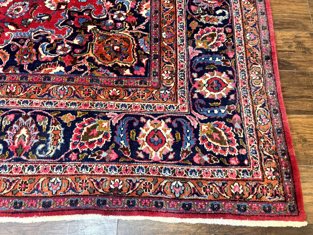 Antique Persian Mashad Rug 10x13, Red and Navy Blue, Great Colors, Signed By Masterweaver, Floral Medallion, Handmade Wool Persian Carpet