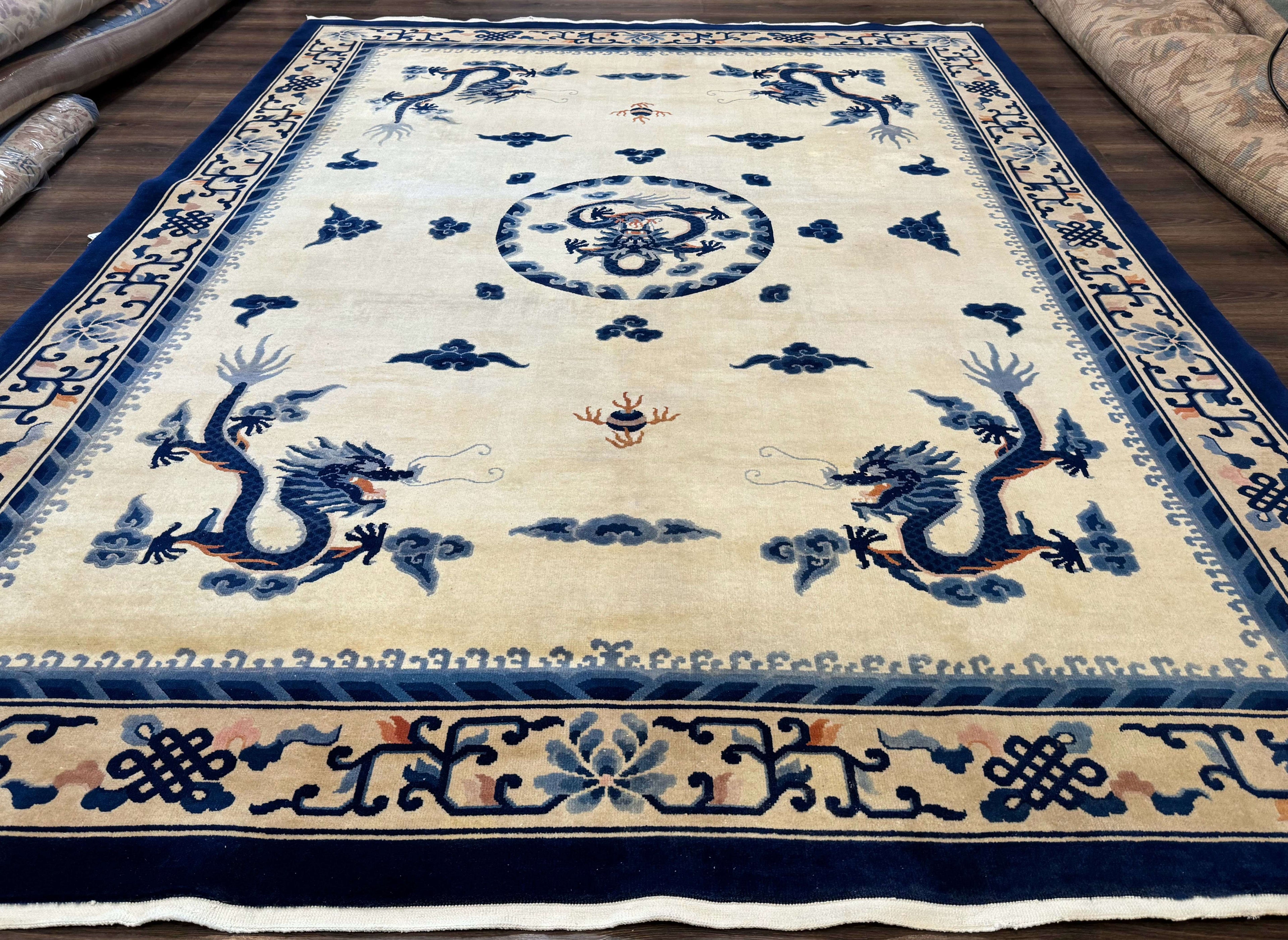 Chinese Dragon Peking Rug 8 x 11.6, Ivory and Blue, Chinese Wool Rug, Vintage