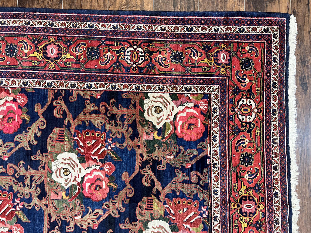Persian Bidjar Rug 8x11, Floral Bouquets, Blue Black Red Pink, Handmade Hand Knotted Vintage Semi Antique Oriental Carpet