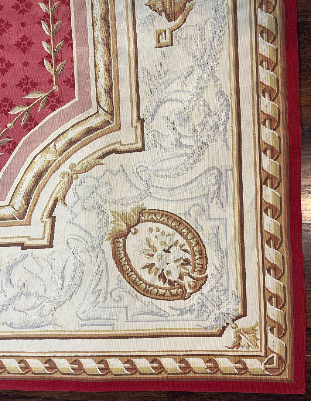 Aubusson Rug 9x12 ft, Red and Ivory Elegant Aubusson Carpet, Flatweave, Vintage Wool Handmade Area Rug 9 x 12, French European Design