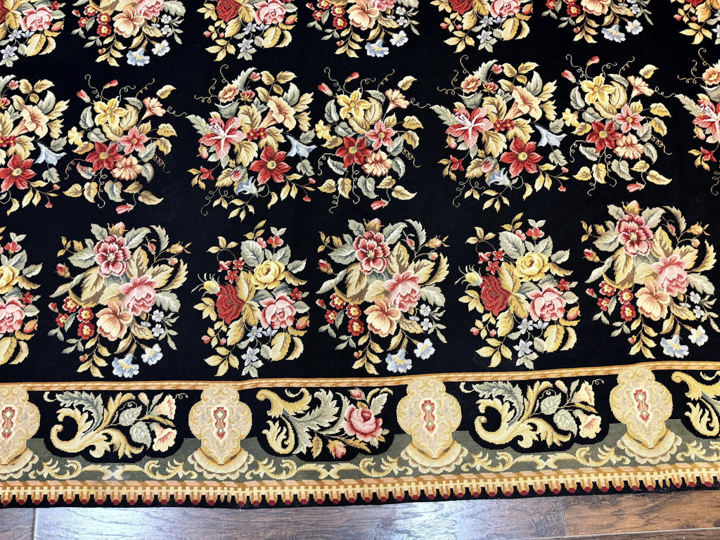 Palace Size Needlepoint Rug 12x16, Black and Colorful, Floral Panel, Handmade Oversized Wool Needlepoint Carpet, Rare