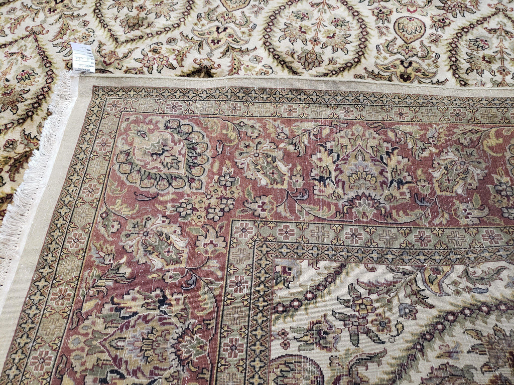 Vintage Indo Persian Area Rug 9x12, Wool Hand-Knotted Ivory & Dark Red Oriental Carpet, Fine Weave 9 x 12 Indian Rug, Dining Room Rug