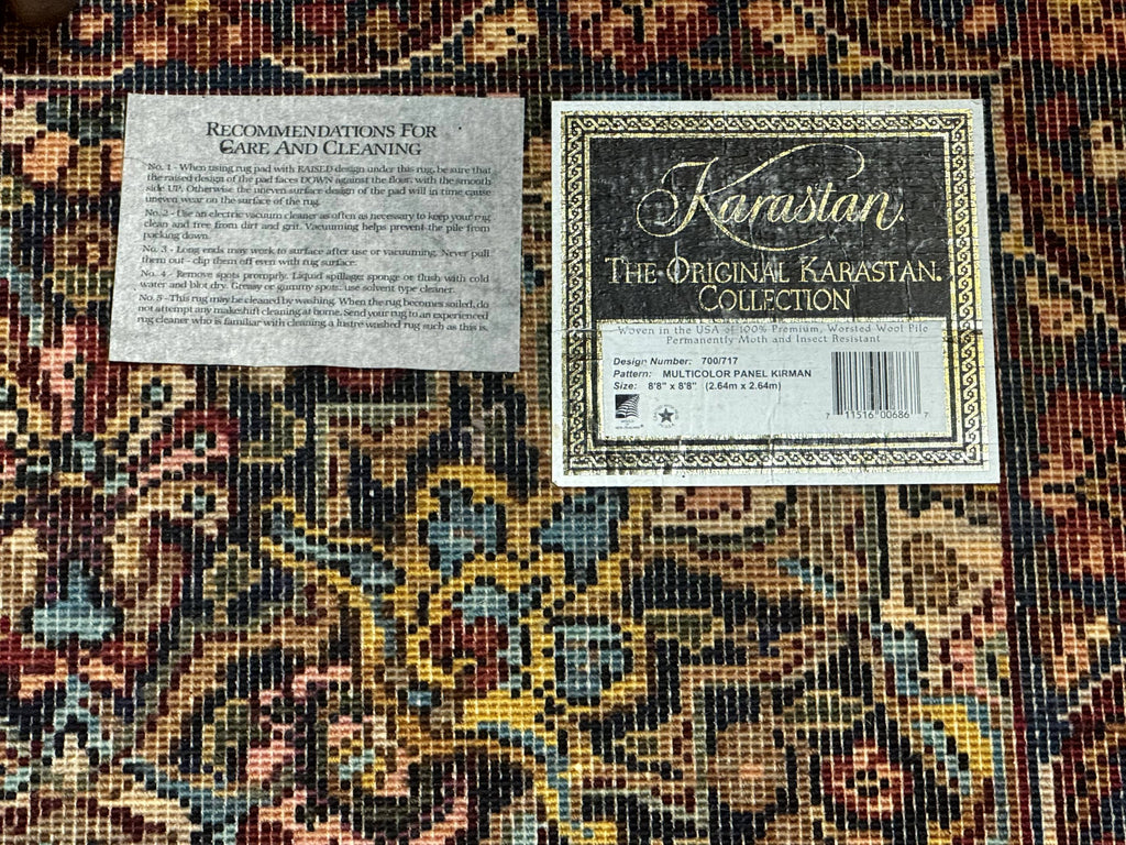 Square Karastan Multicolor Panel Kirman Rug #717, Rare Size 8.8 x 8.8, Original 700 Series, Wool