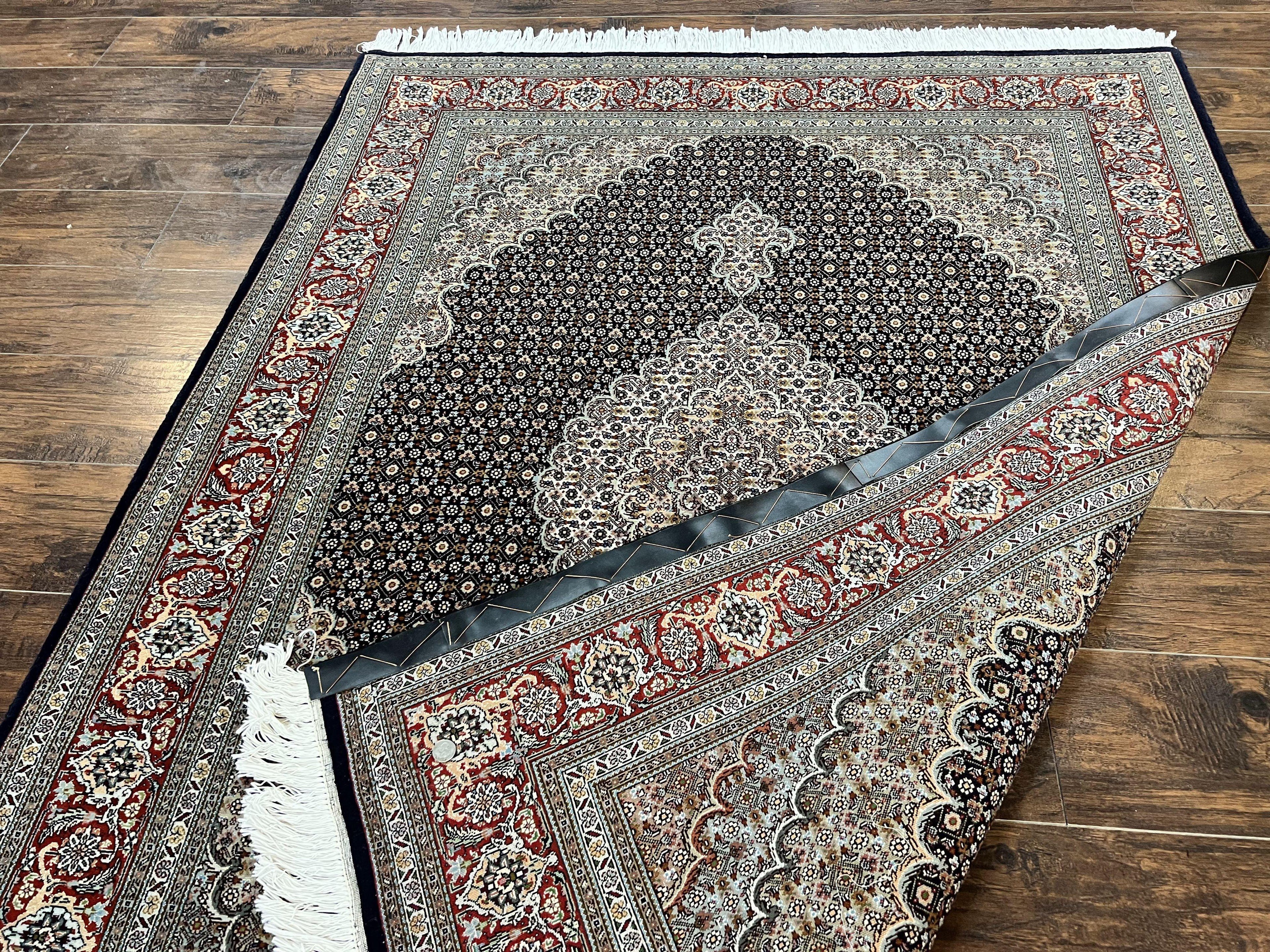 Persian Tabriz Rug 5x7, Wool with Silk Highlights, Hand Knotted Vintage Oriental Carpet, Very Fine, Herati Mahi Pattern, Black, Rare