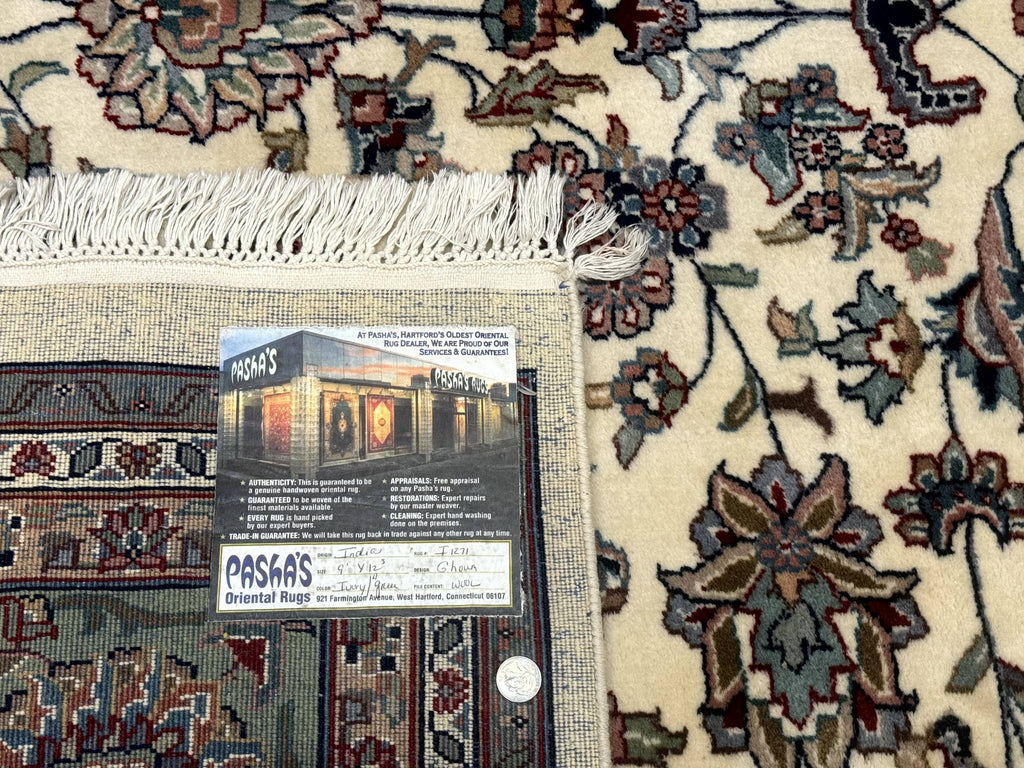 Indo Persian Rug 9x12, Allover Floral Pattern, Ivory & Green, Traditional Oriental Carpet
