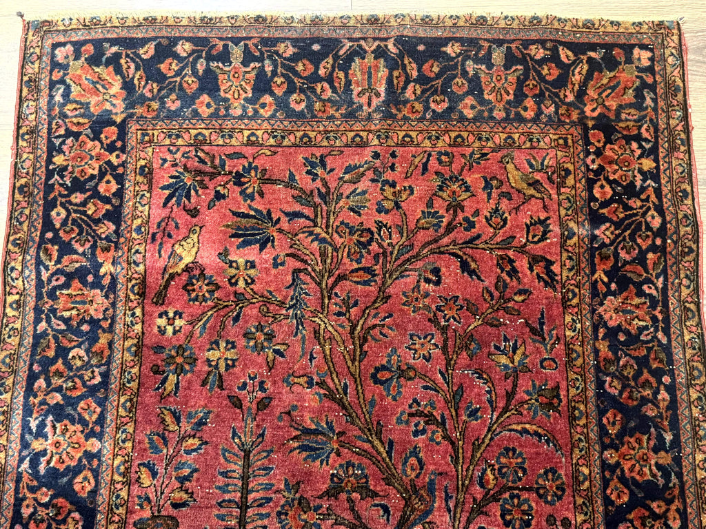 Antique Persian Tree of Life Rug 3x5, Manchester Wool, Bird Pictorials, Fine 240 KPSI, Red Navy Blue