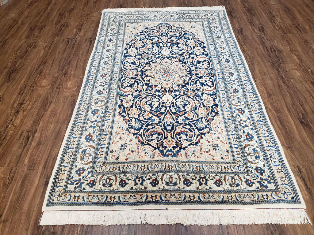 Persian Nain Rug 4x6, Ivory and Blue, Hand-Knotted, Wool & Silk