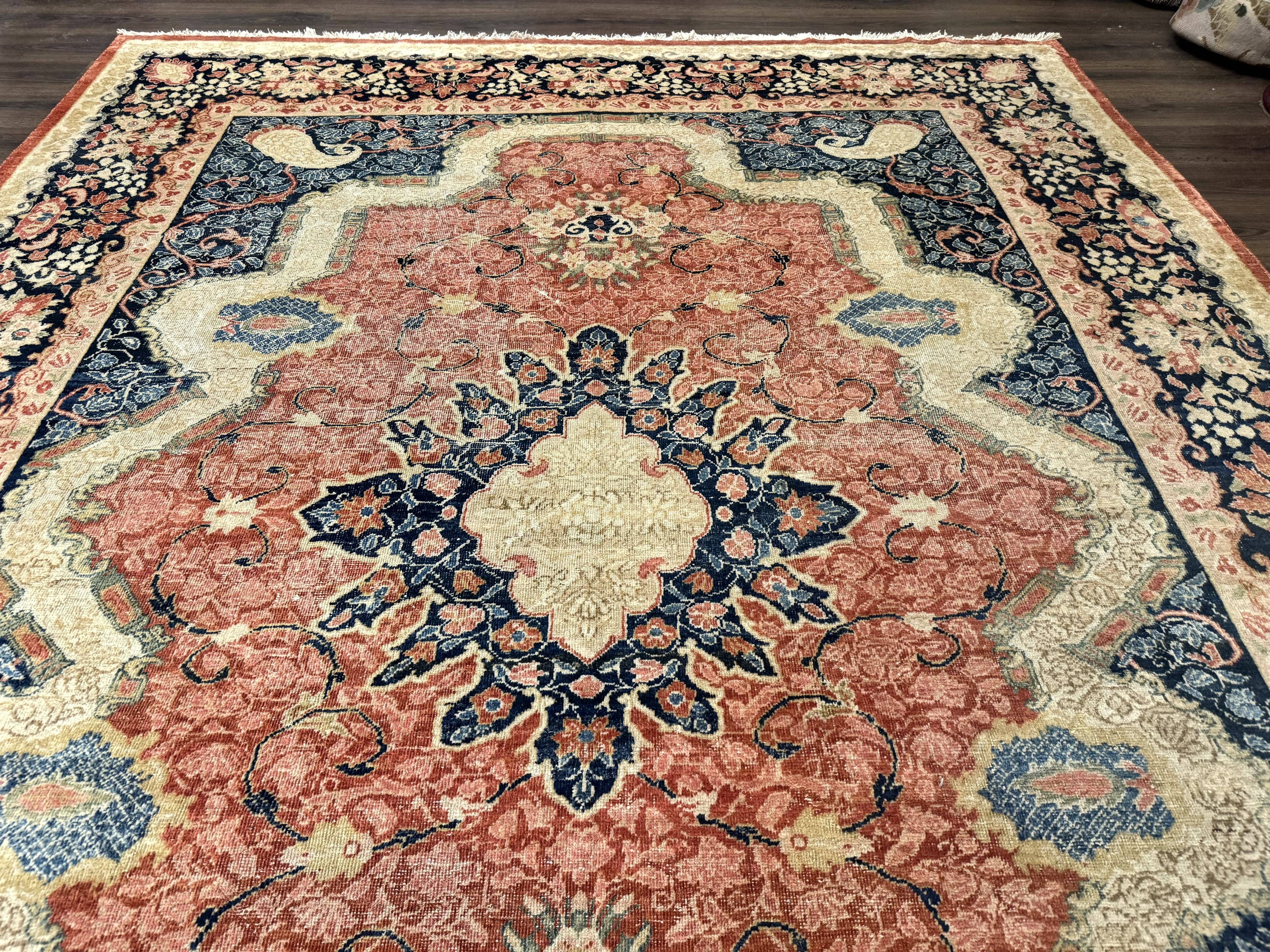 Antique Persian Sarouk Rug 9x12, Boteh Paisleys, Light Red Navy Blue