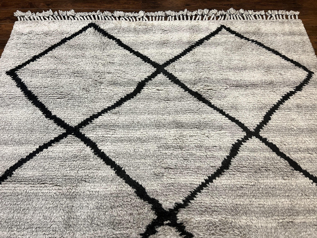 Modern Shag Rug 8x10, Gray and Black, Wool and Cotton, Lulu and Georgia, Handmade Indian Shag Rug