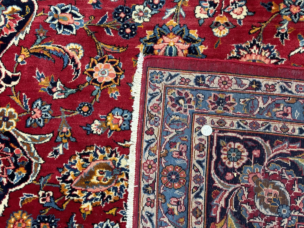 Large Persian Kashan Rug 11x14, Traditional Persian Carpet, Wool, Fine 250 KPSI, Red Navy Blue