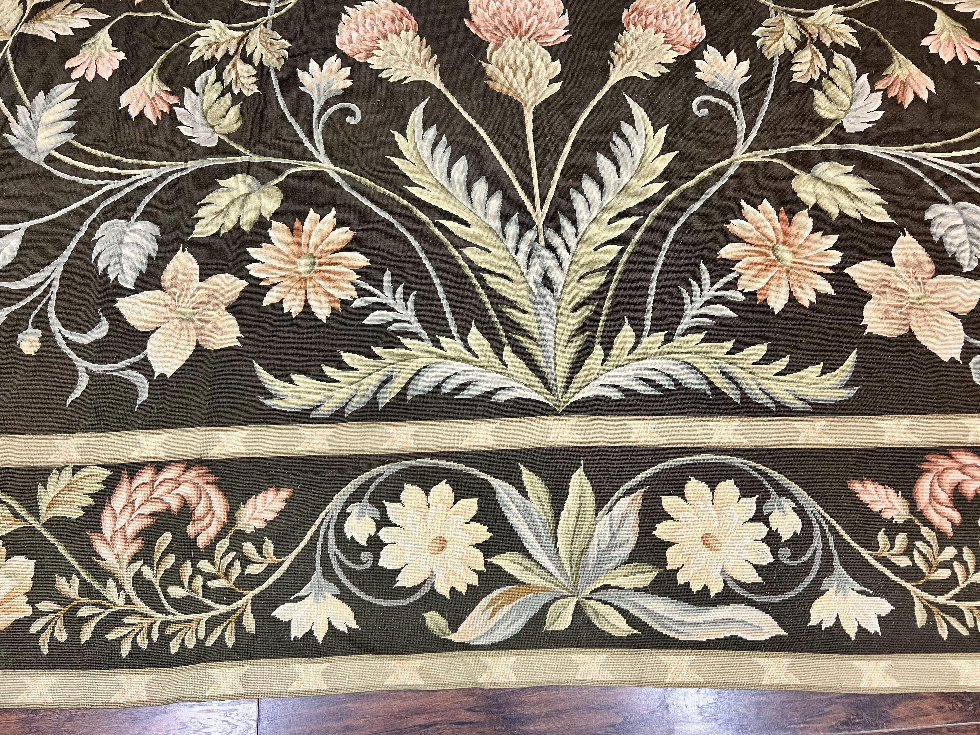 Large Needlepoint Rug 11x16, Dark Green Floral Elegant European Design Vintage Wool Handmade Carpet, Palace Size Rug