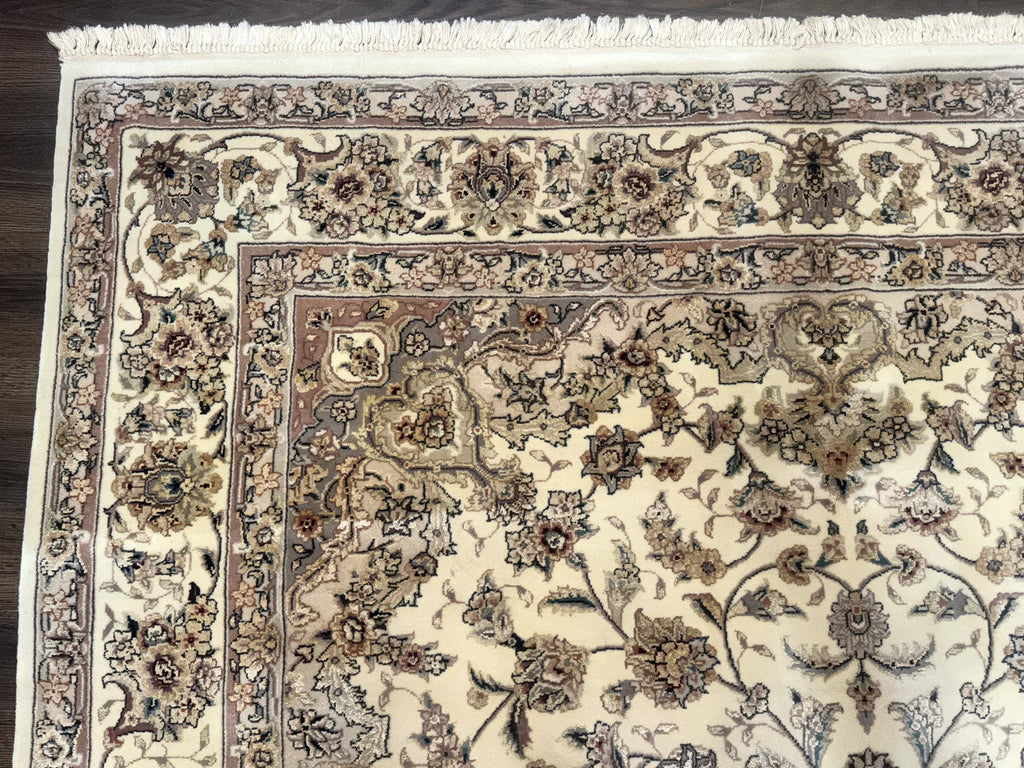 Sino Persian Rug 6x9, Floral Medallion, Ivory & Taupe, Wool with Silk Highlights, Fine 210 KPSI