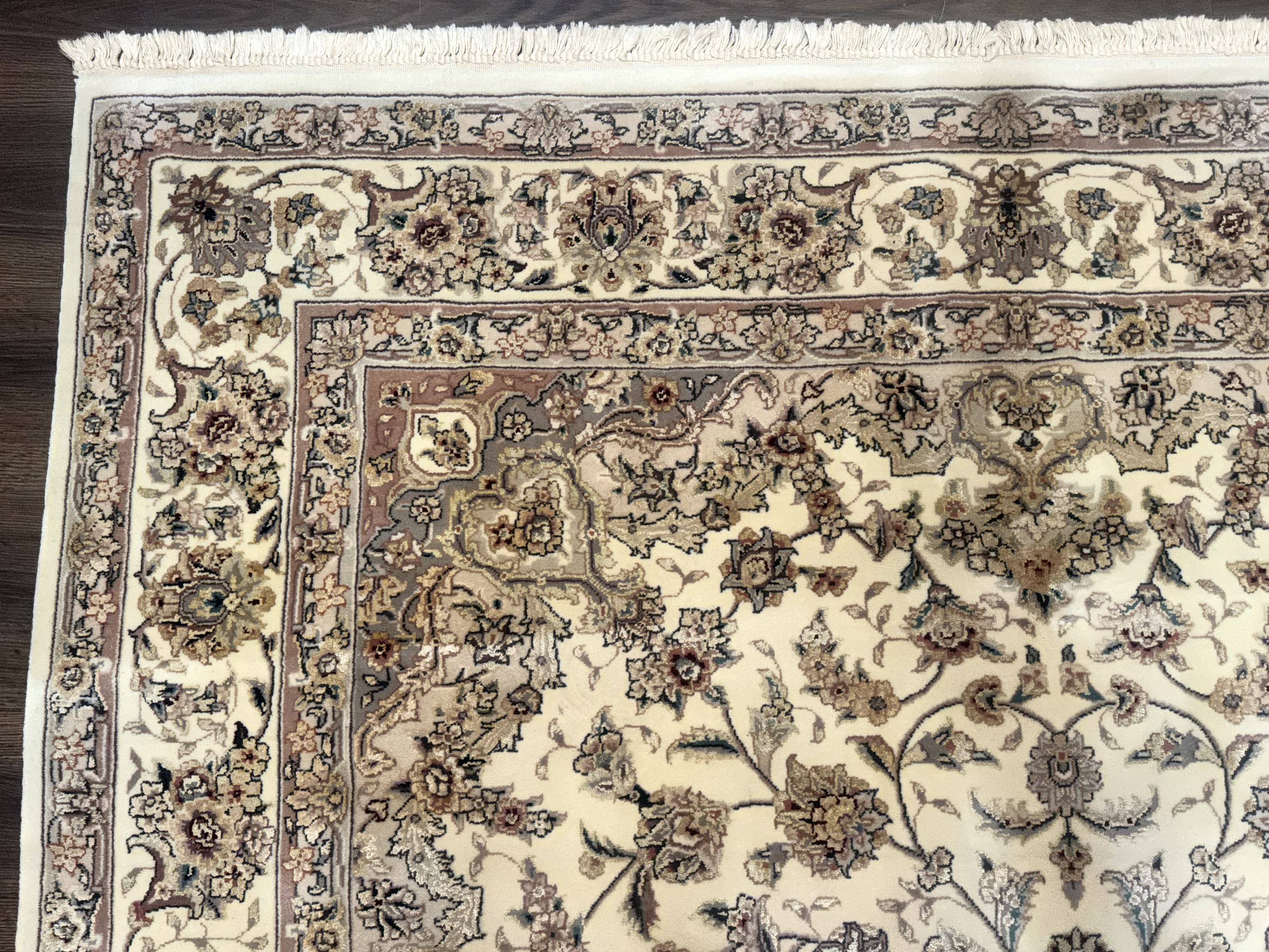 Sino Persian Rug 6x9, Floral Medallion, Ivory & Taupe, Wool with Silk Highlights, Fine 210 KPSI