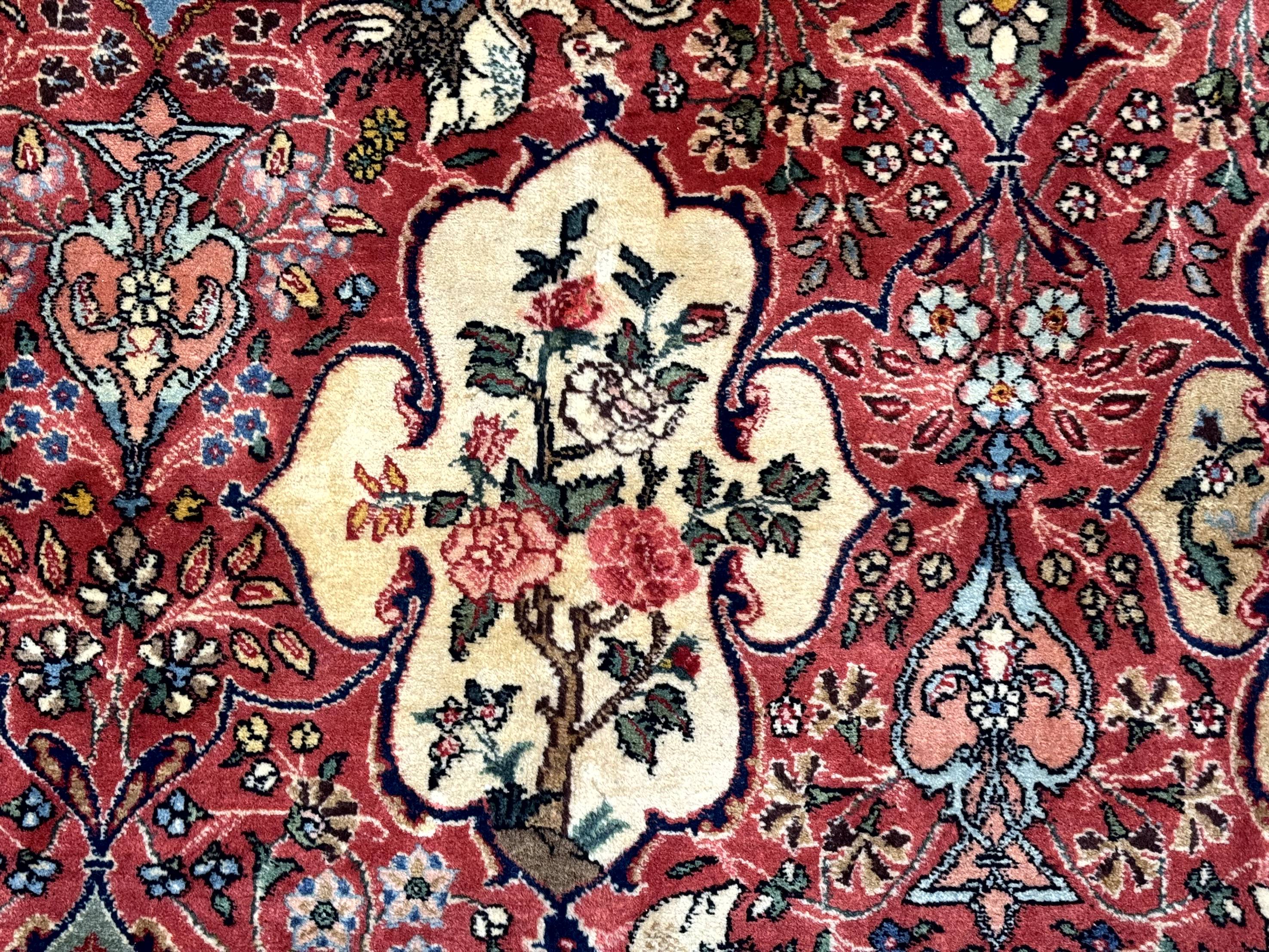 Antique Tabriz Persian Rug 7x10, Red Cream Tan, Unique Design, Fine 270 KPSI, Birds, Floral