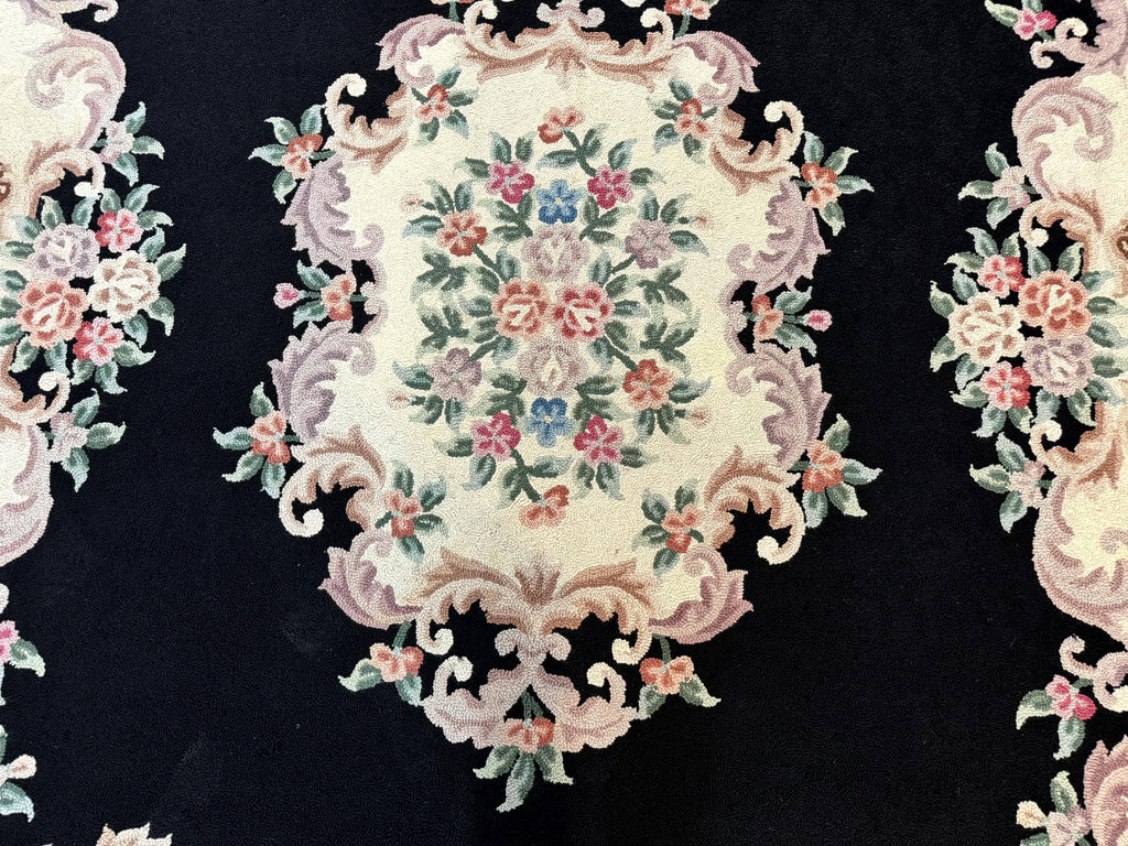 Aubusson Rug 8x11, Black and Ivory, Hooked Rug, Vintage, Wool