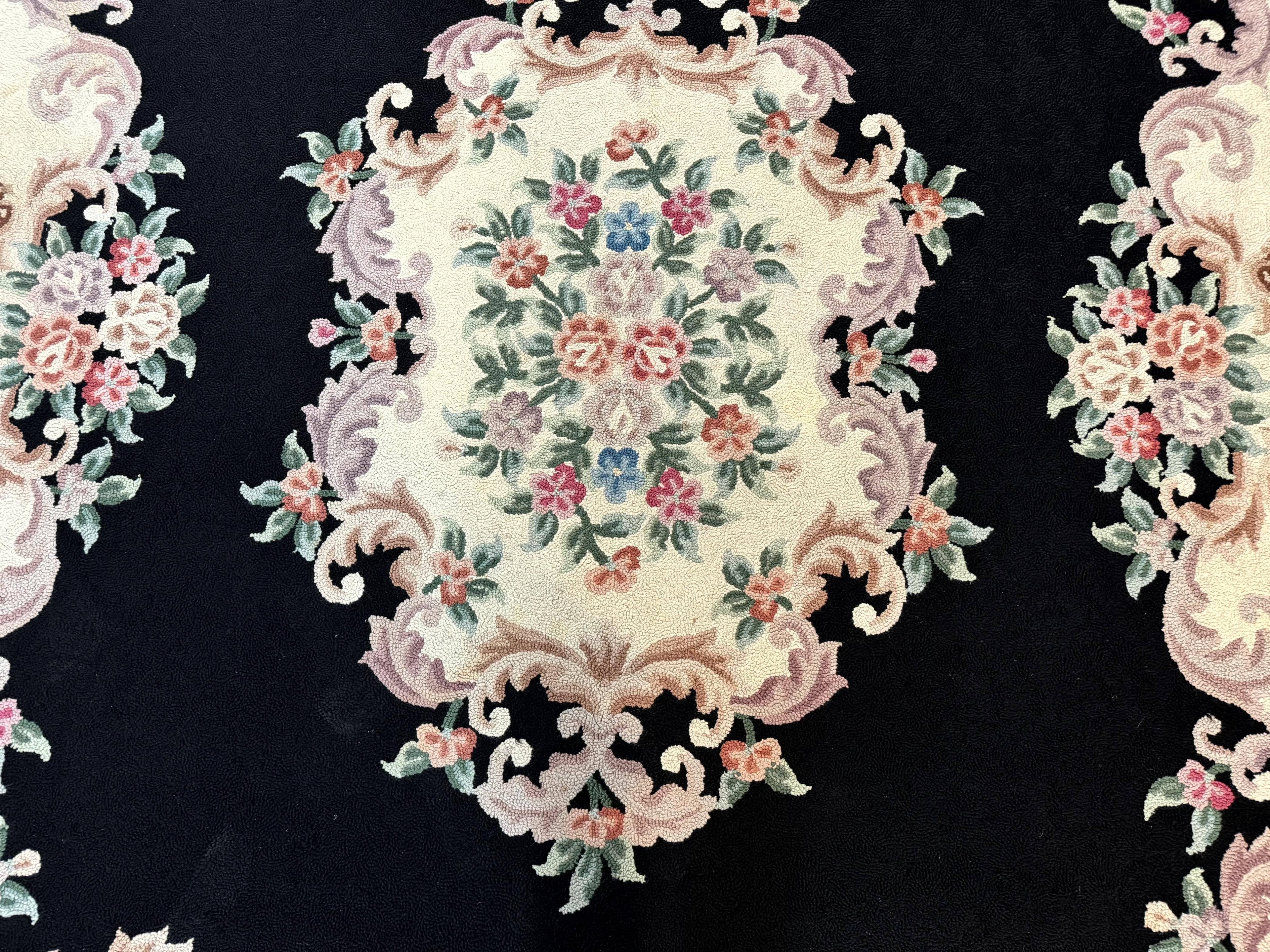 Aubusson Rug 8x11, Black and Ivory, Hooked Rug, Vintage, Wool