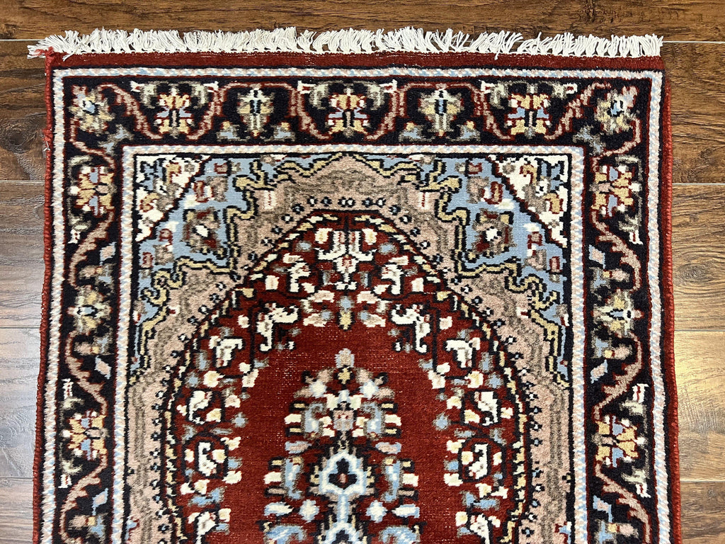 Indo Persian Runner Rug 2.8 x 14.8, Long Indo Kirman Hallway Rug, Red Floral Wool Vintage Handmade Oriental Runner