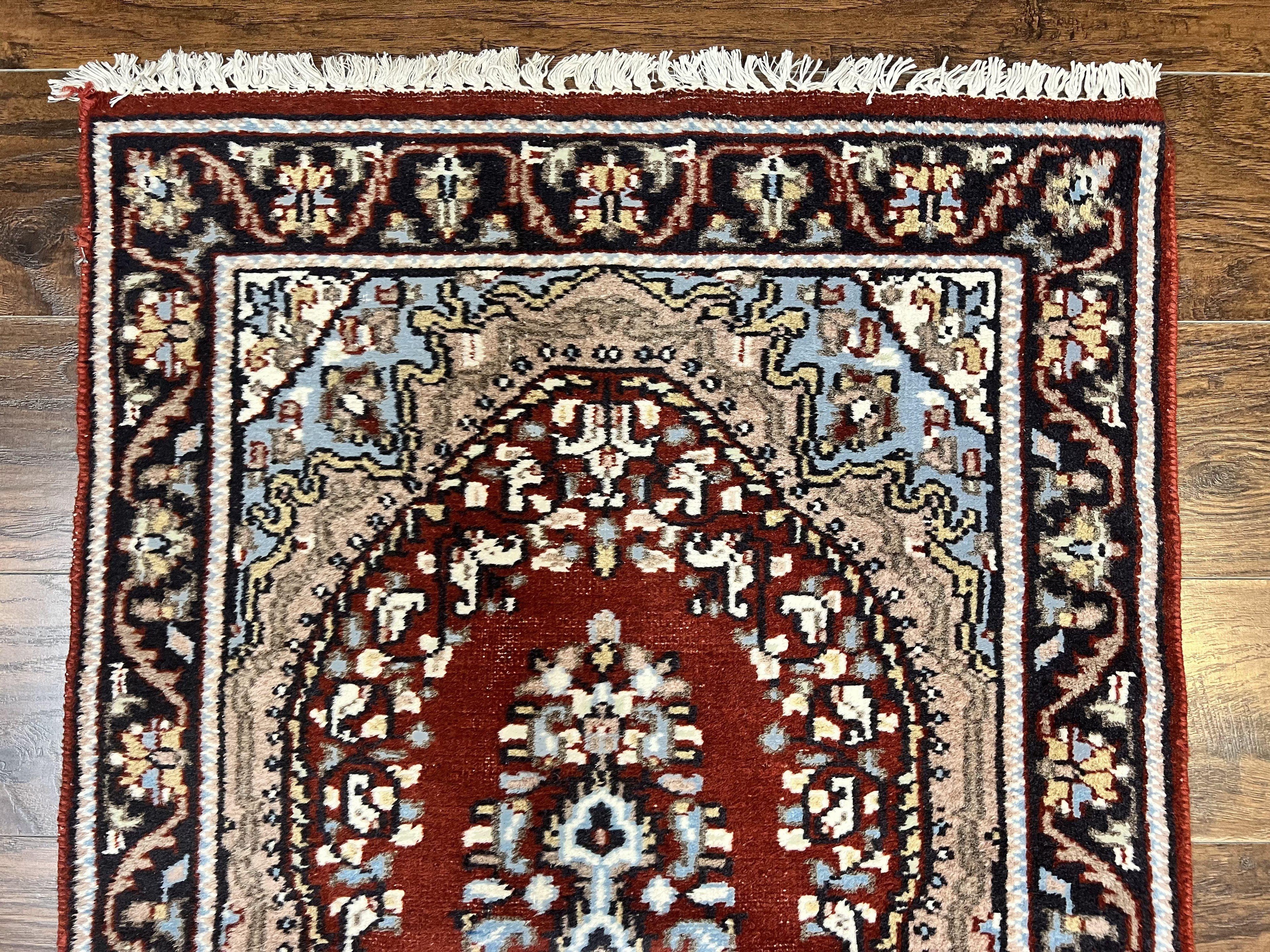 Indo Persian Runner Rug 2.8 x 14.8, Long Indo Kirman Hallway Rug, Red Floral Wool Vintage Handmade Oriental Runner