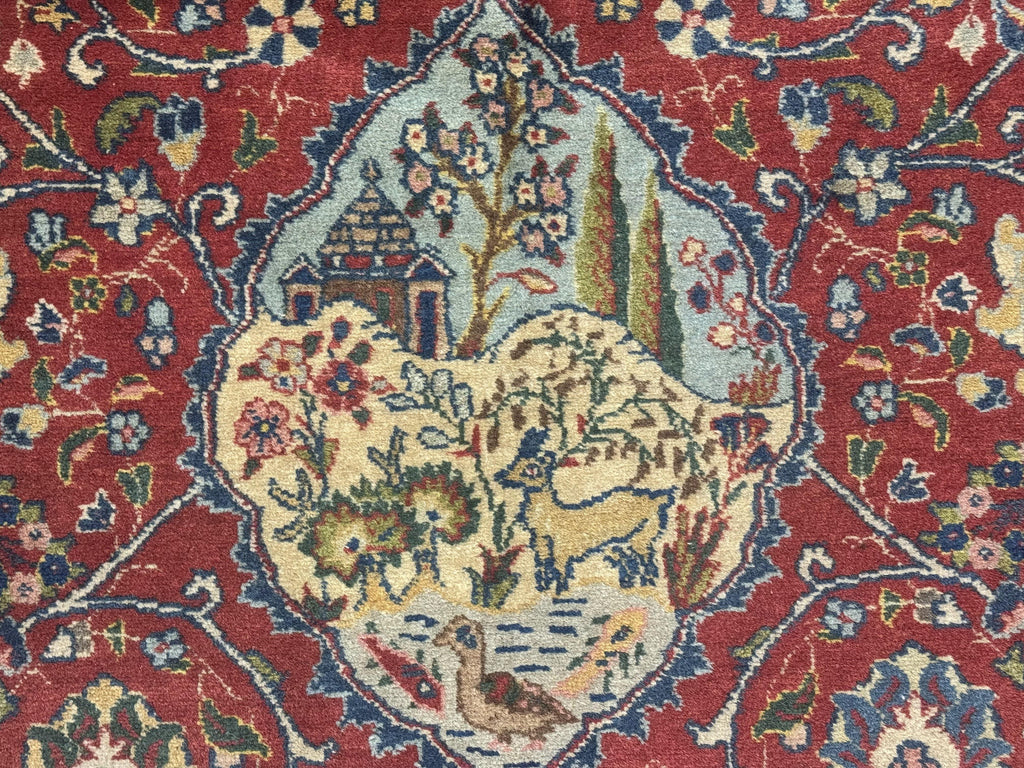 Small Persian Tabriz Rug 2.8 x 4.7, Red, Animal Pictorials, Semi Antique Vintage