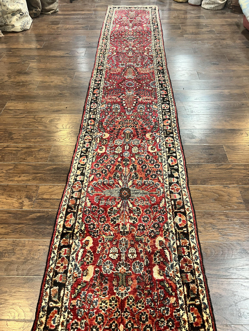 Antique Persian Runner Rug 2.9 x 17, Rare Sarouk Runner, Handmade Wool Rug for Hallway, Red, Floral