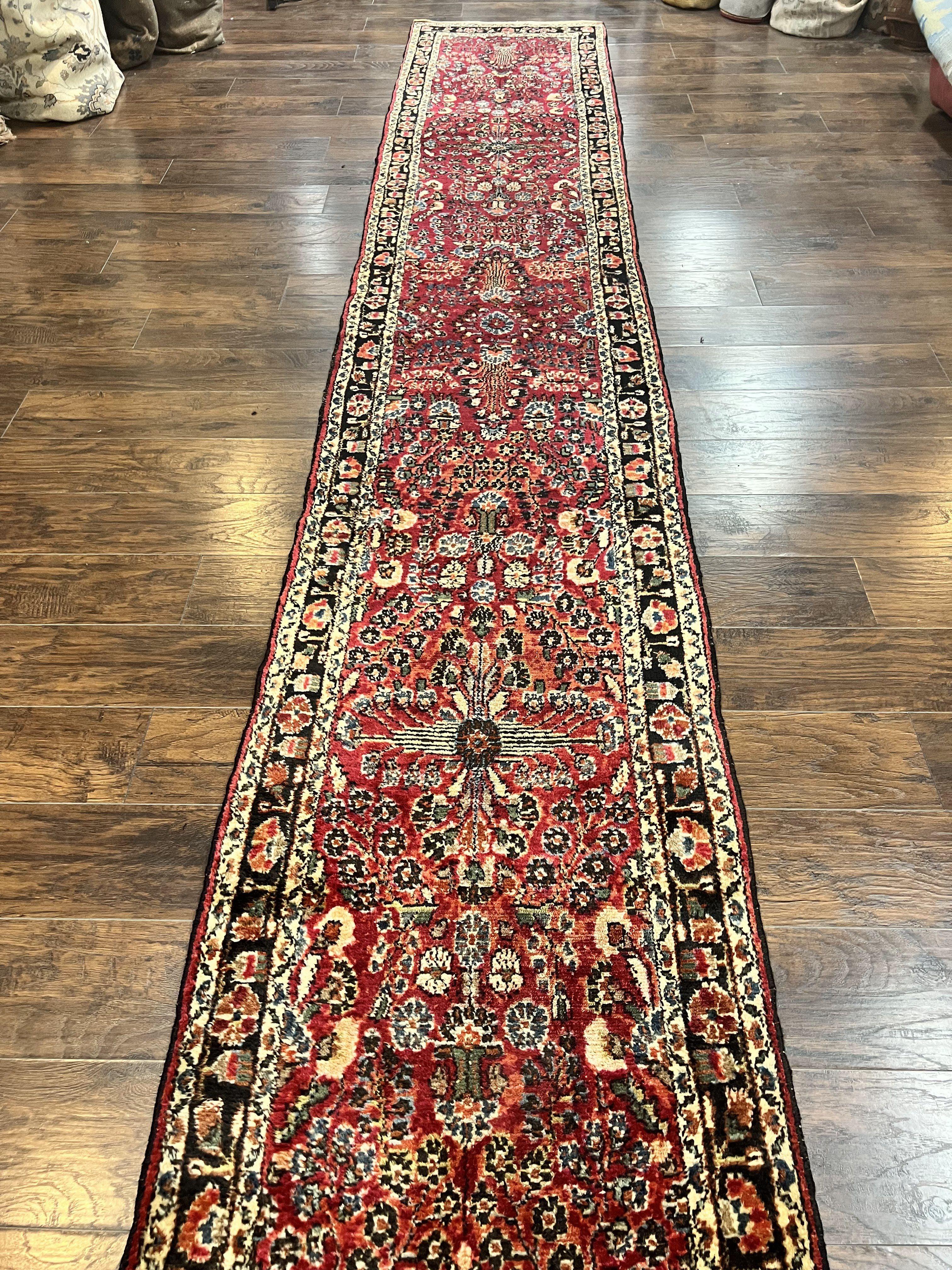 Antique Persian Runner Rug 2.9 x 17, Rare Sarouk Runner, Handmade Wool Rug for Hallway, Red, Floral
