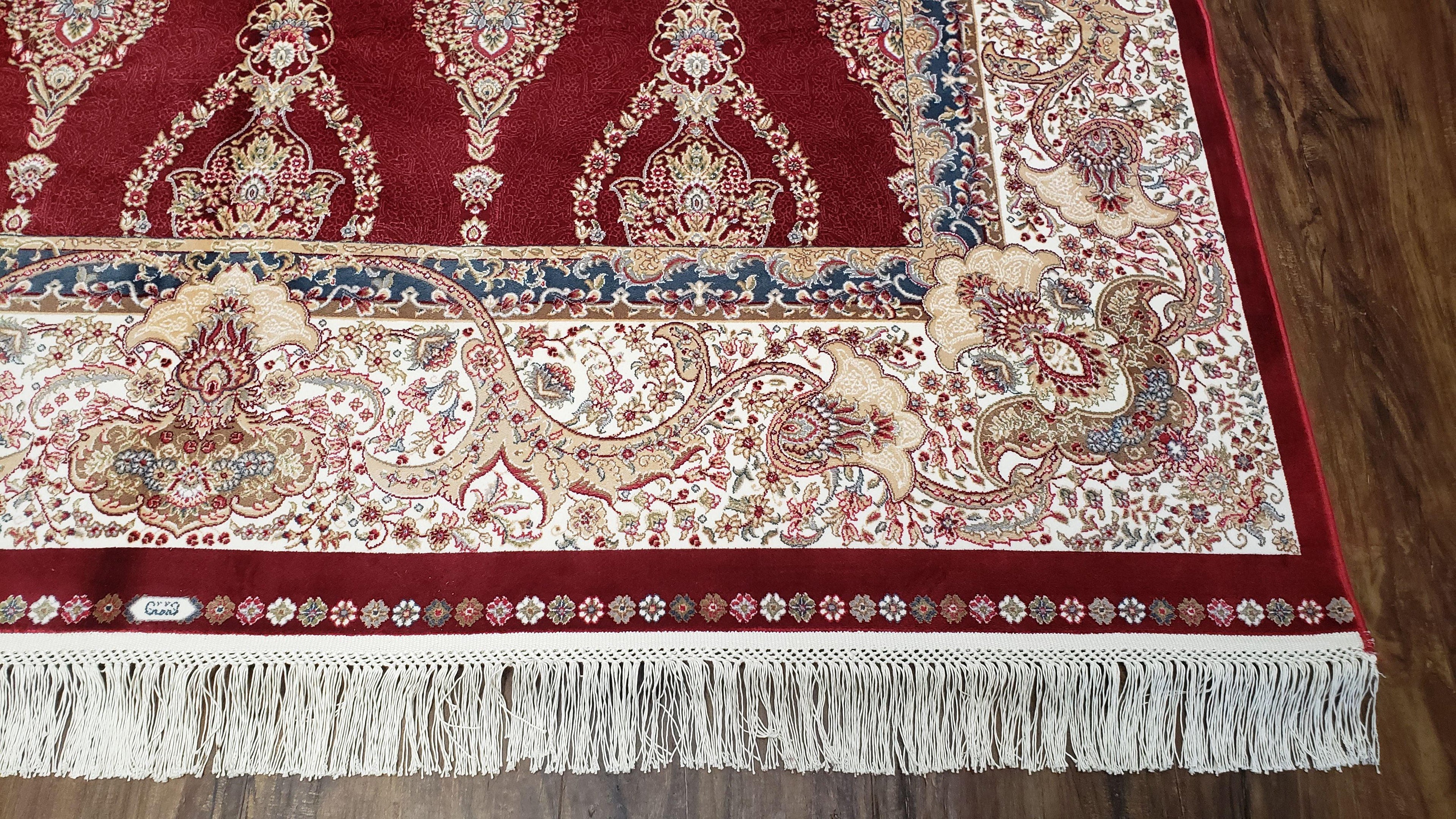 Dark Red Silk Carpet 5.3 x 7.6 ft, 5x8 Silk Rug, New Turkish Silk Carpet, Mint Condition, Beige & Red Area Rug, Bamboo Silk, High Quality