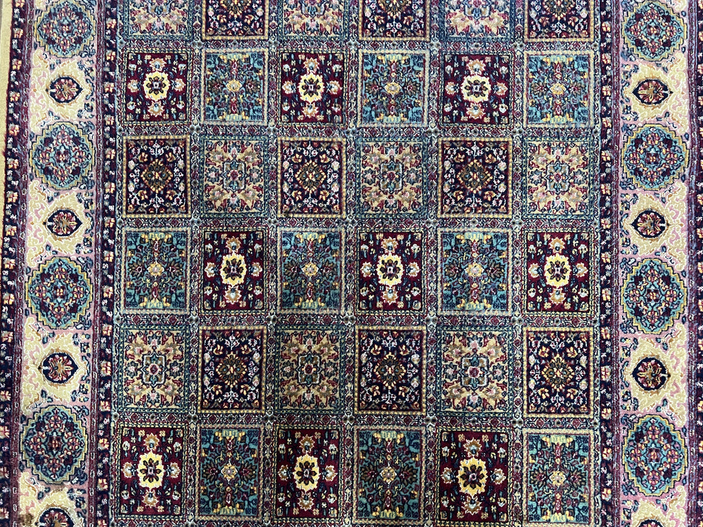 Indo Persian Silk Rug 4x6, Panel Design, Small Flowers, Hand Knotted, Fine Weave, Oriental Carpet 4 x 6, Vintage Area Rug, Beautiful Rug