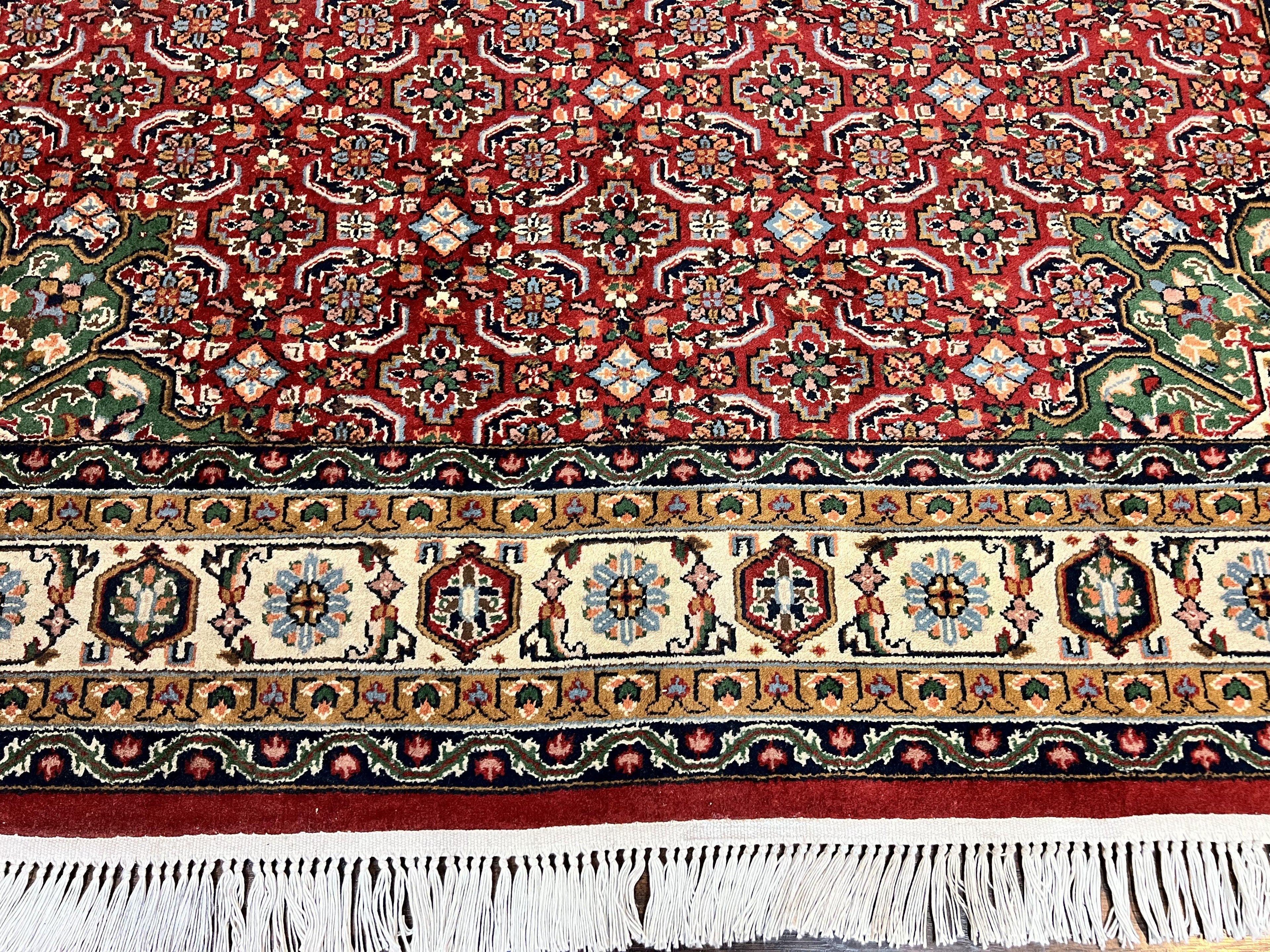 Persian Tabriz Rug 7x10, Wool Hand Knotted Vintage Carpet, Red Green & Cream, Herati Pattern, 7 x 10 Room Sized Oriental Rug