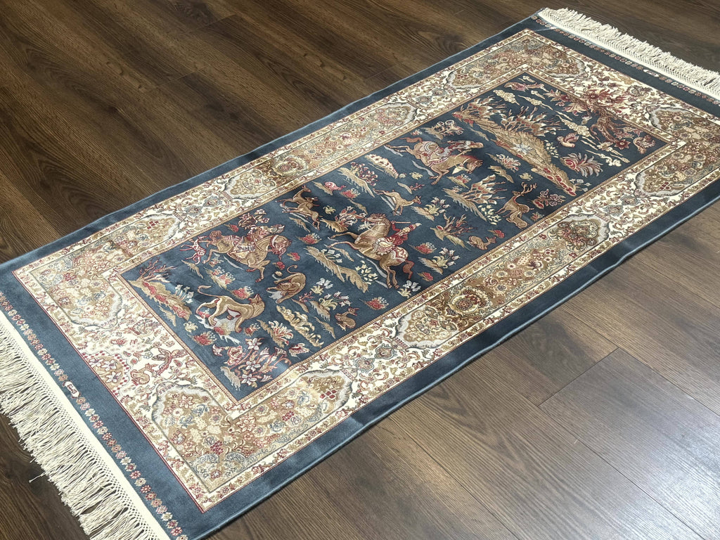 Turkish Silk Hunting Scene Rug 2.6 x 5, Dark Steel Blue & Ivory, Bamboo Silk, New