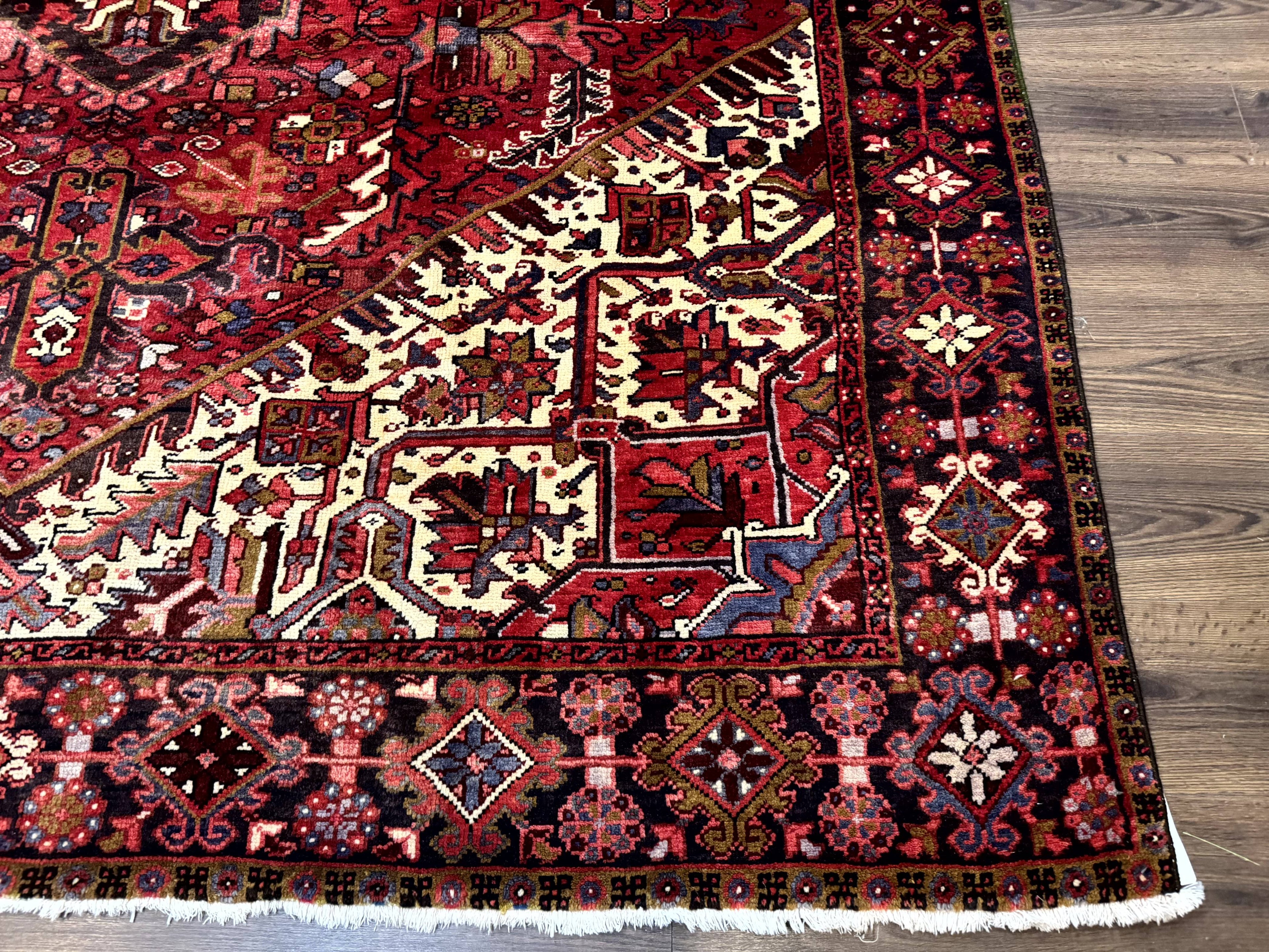 Persian Heriz Rug 8x11, Geometric Design, Red & Cream