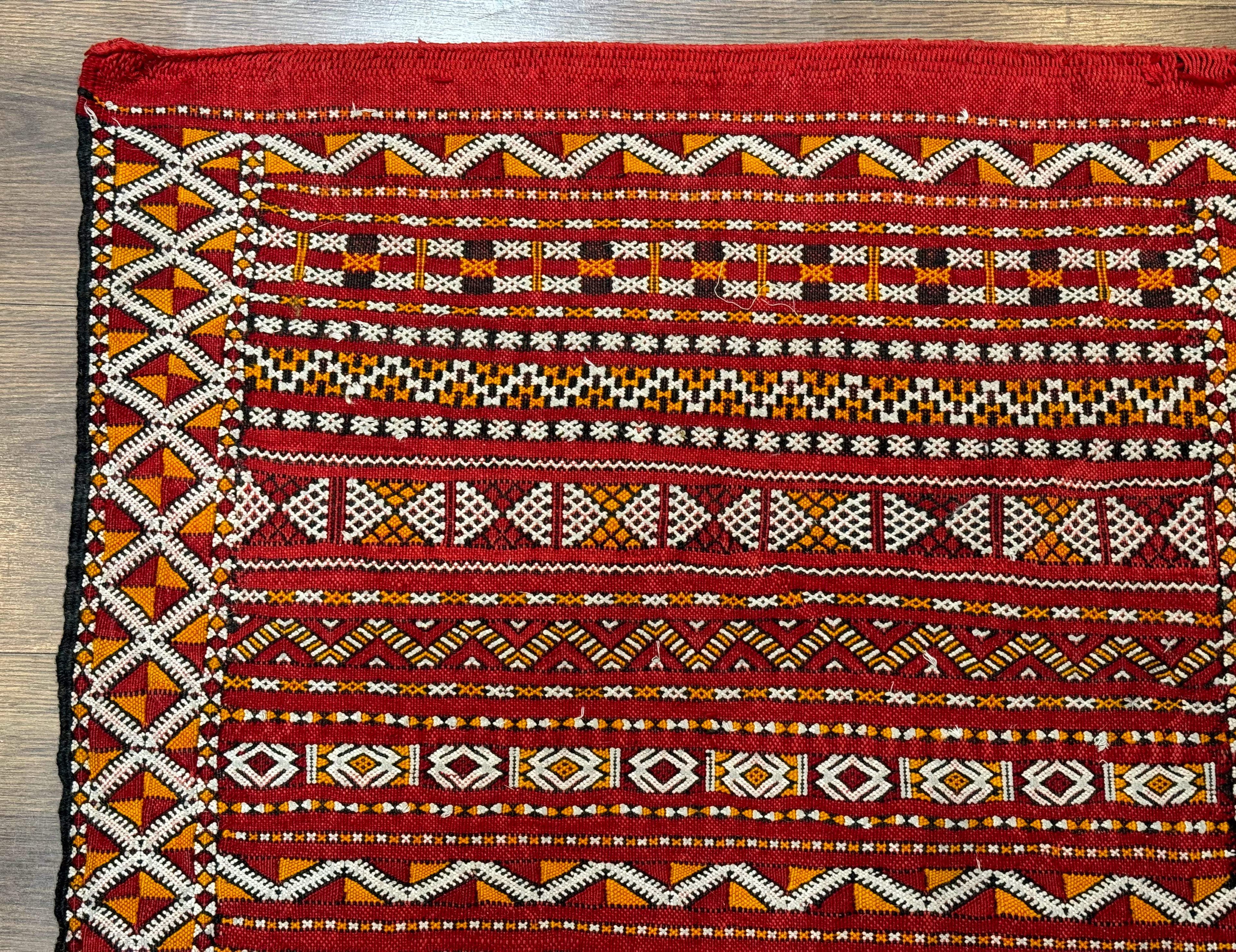 Moroccan Kilim Rug 4x8, Flatweave, Bohemian, Red Ivory Orange
