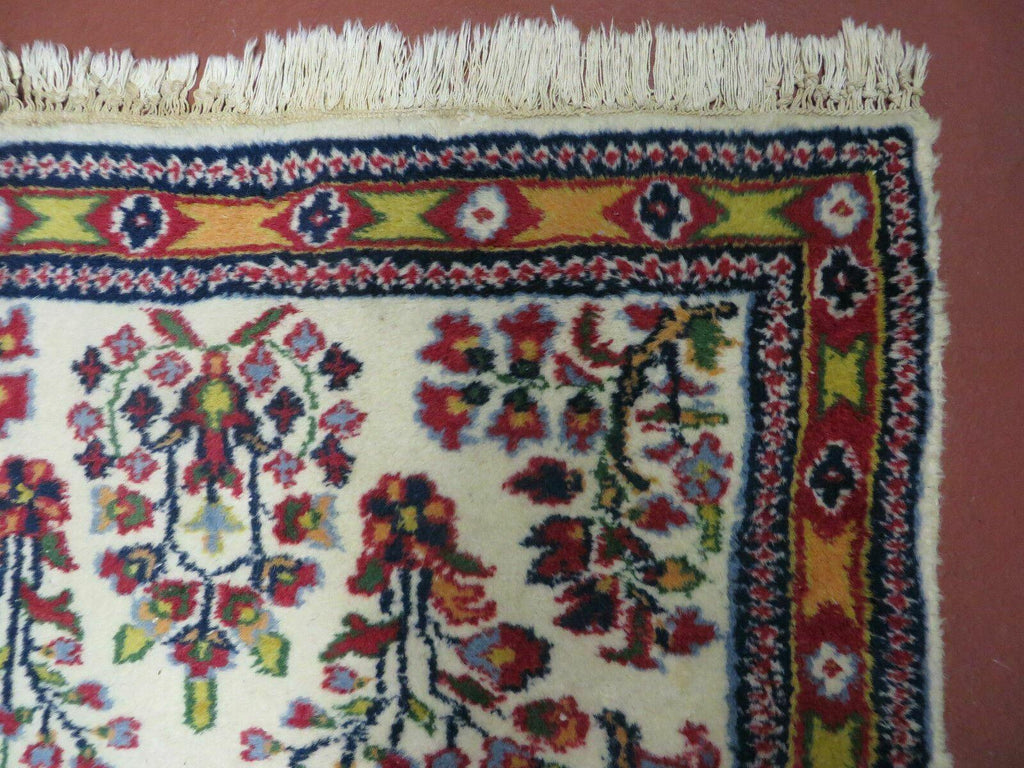 Small Persian Rug 2 x 3, Tiny Persian Sarouk Carpet, Cream Navy Blue Red, Floral Medallion, Vintage Wool Rug, Handmade Hand-Knotted Oriental Rug