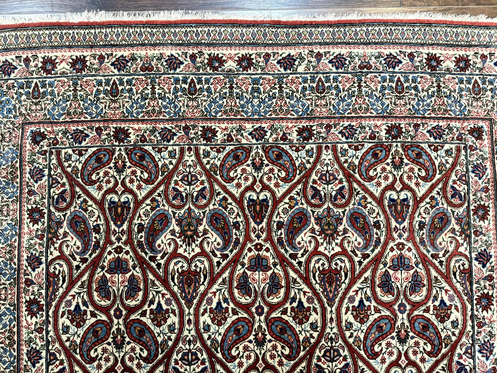 Unique Persian Qum Rug 5x7, Repeated Paisely Boteh Design, Ivory Red Blue, Handmade Antique Wool Persian Carpet, Finely Hand Knotted
